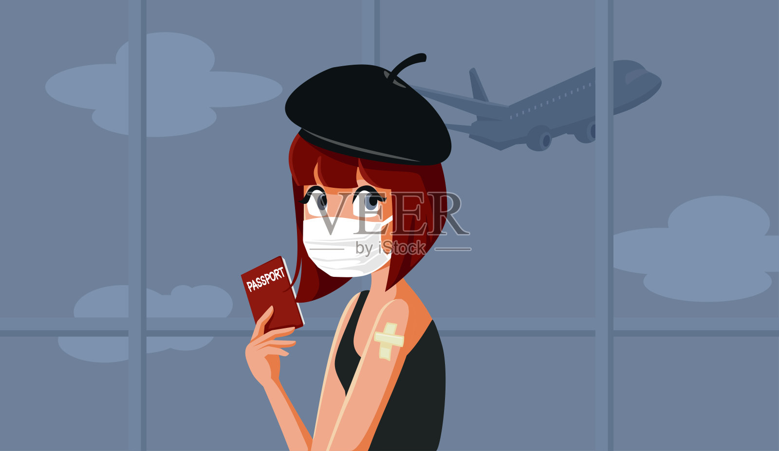 女游客戴着面具，拿着护照插画图片素材