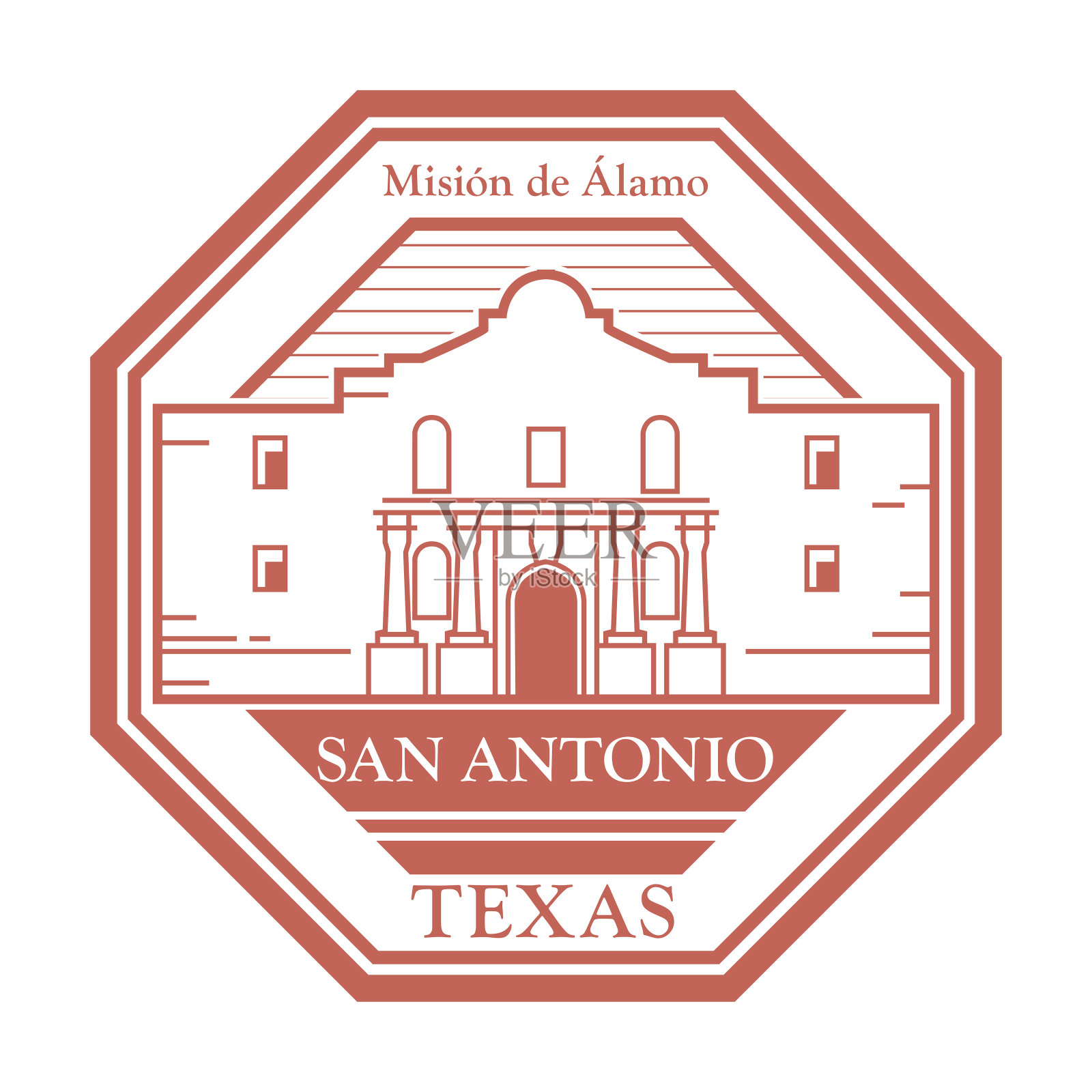 印有德克萨斯州圣安东尼奥阿拉莫使命名称的邮票或标签插画图片素材