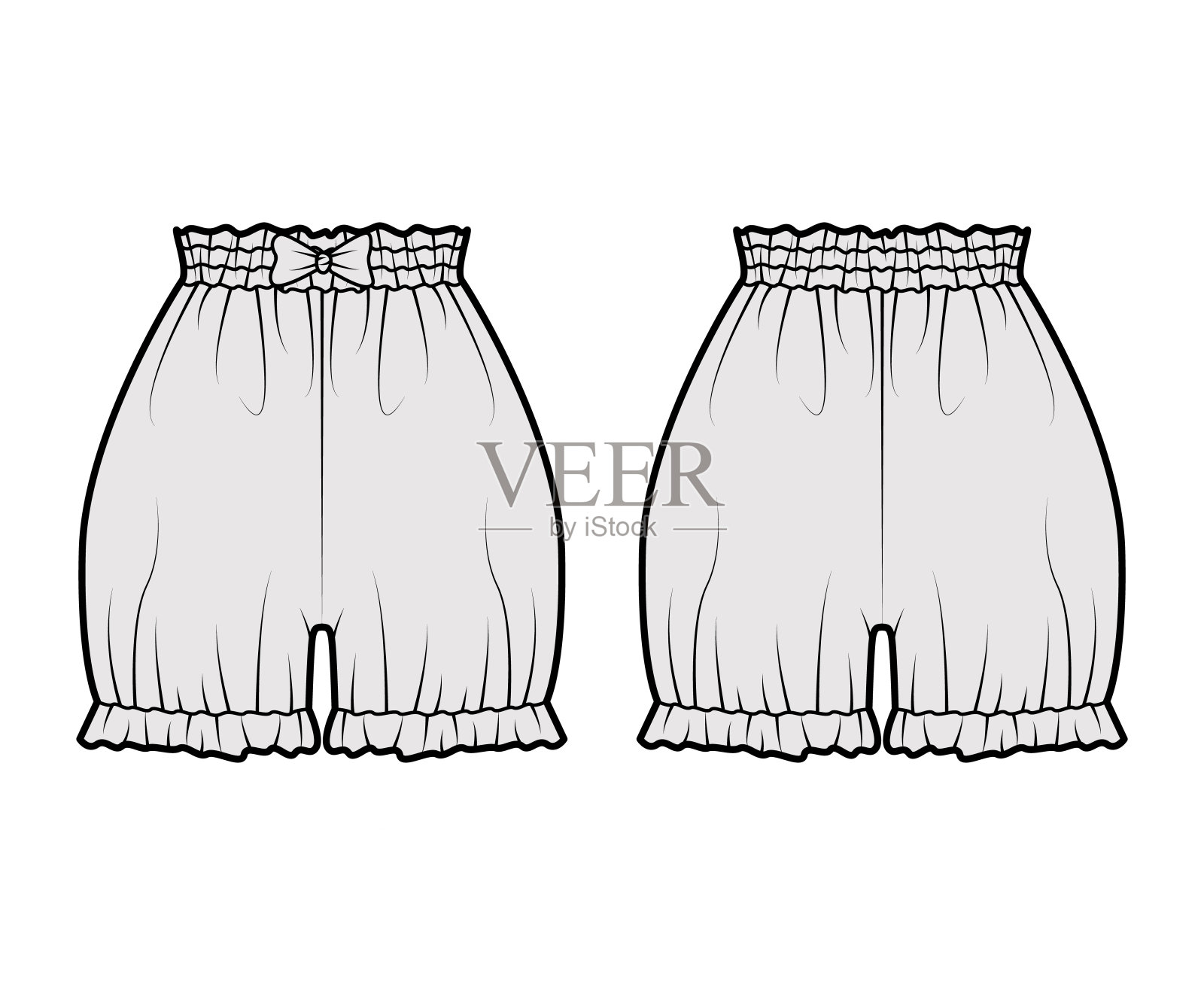 短灯笼裤技术时尚插图与蝴蝶结，超长，正常腰部，高腰，聚集平底插画图片素材