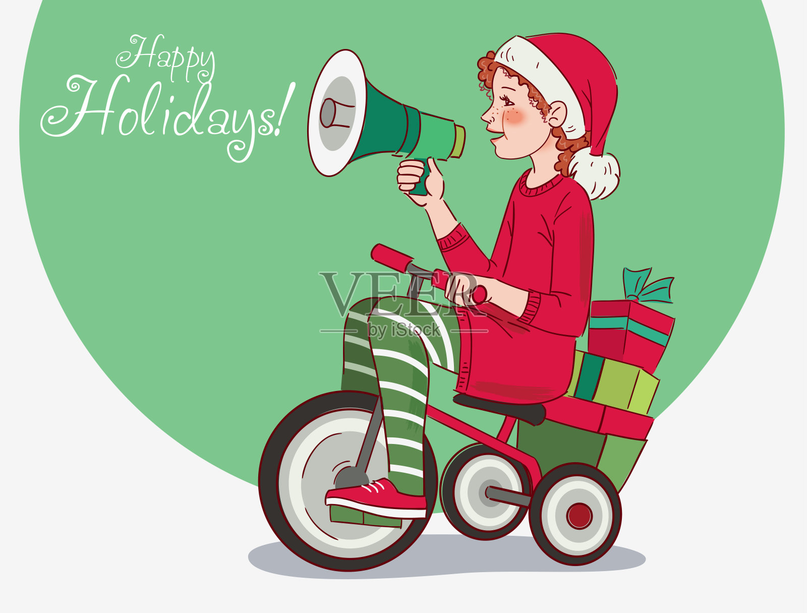 可爱的孩子骑自行车。有趣的女孩对着扩音器大喊。圣诞插图矢量概念插画图片素材