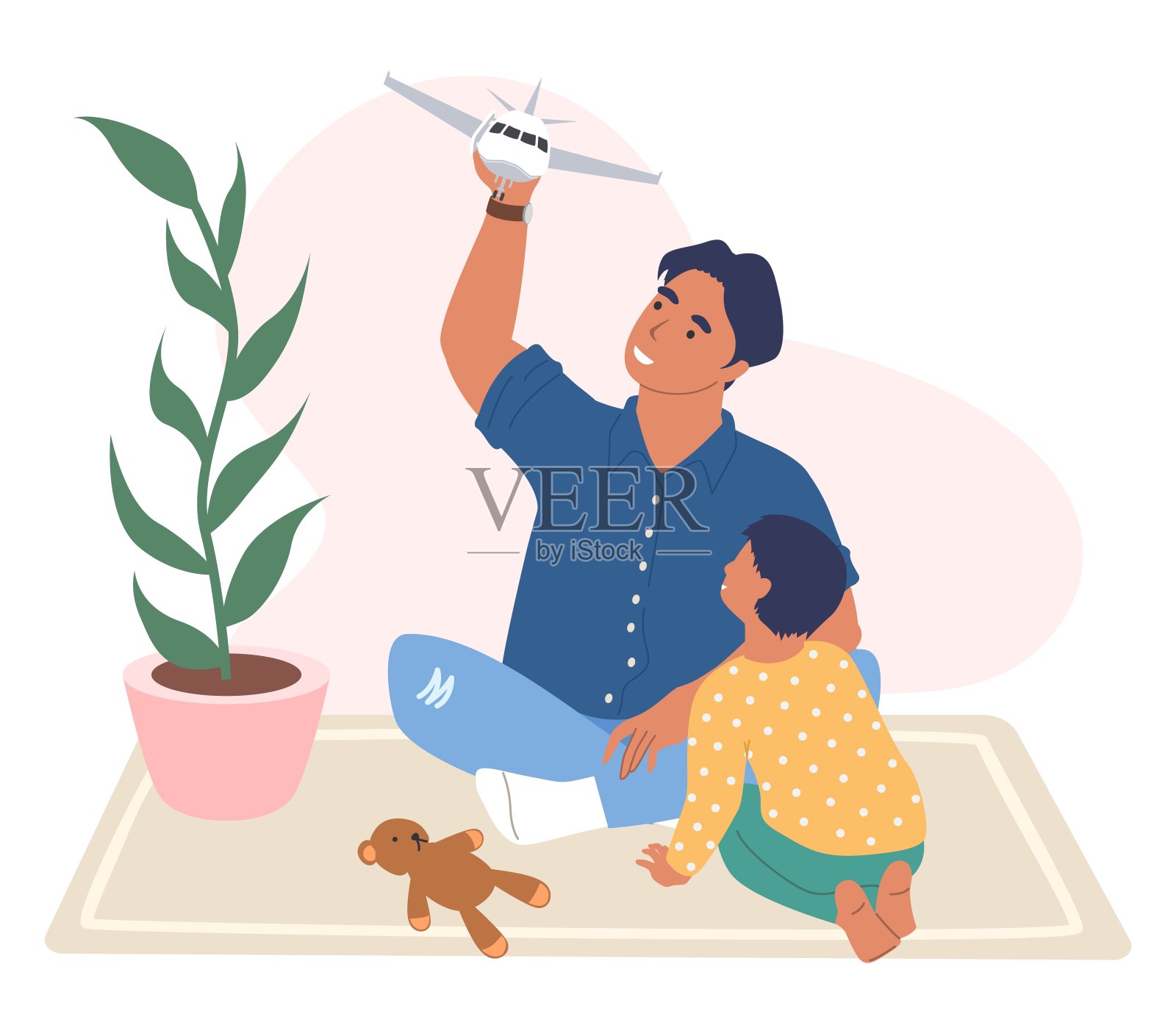 快乐的爸爸和儿子一起玩飞机玩具，平面矢量插图。父母和孩子的关系。插画图片素材
