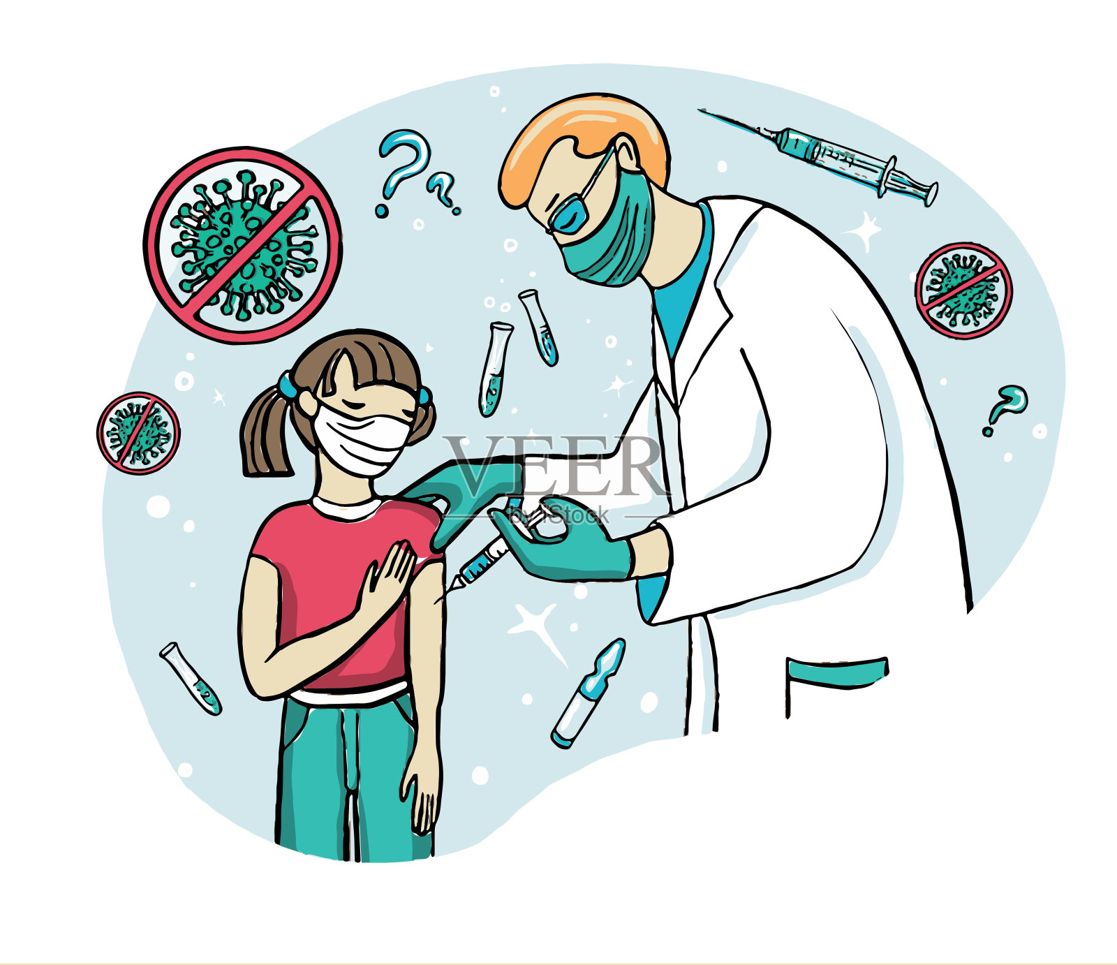 接种疫苗的孩子。医生给一个小女孩打了一针疫苗。对冠状病毒的免疫保护。插画图片素材