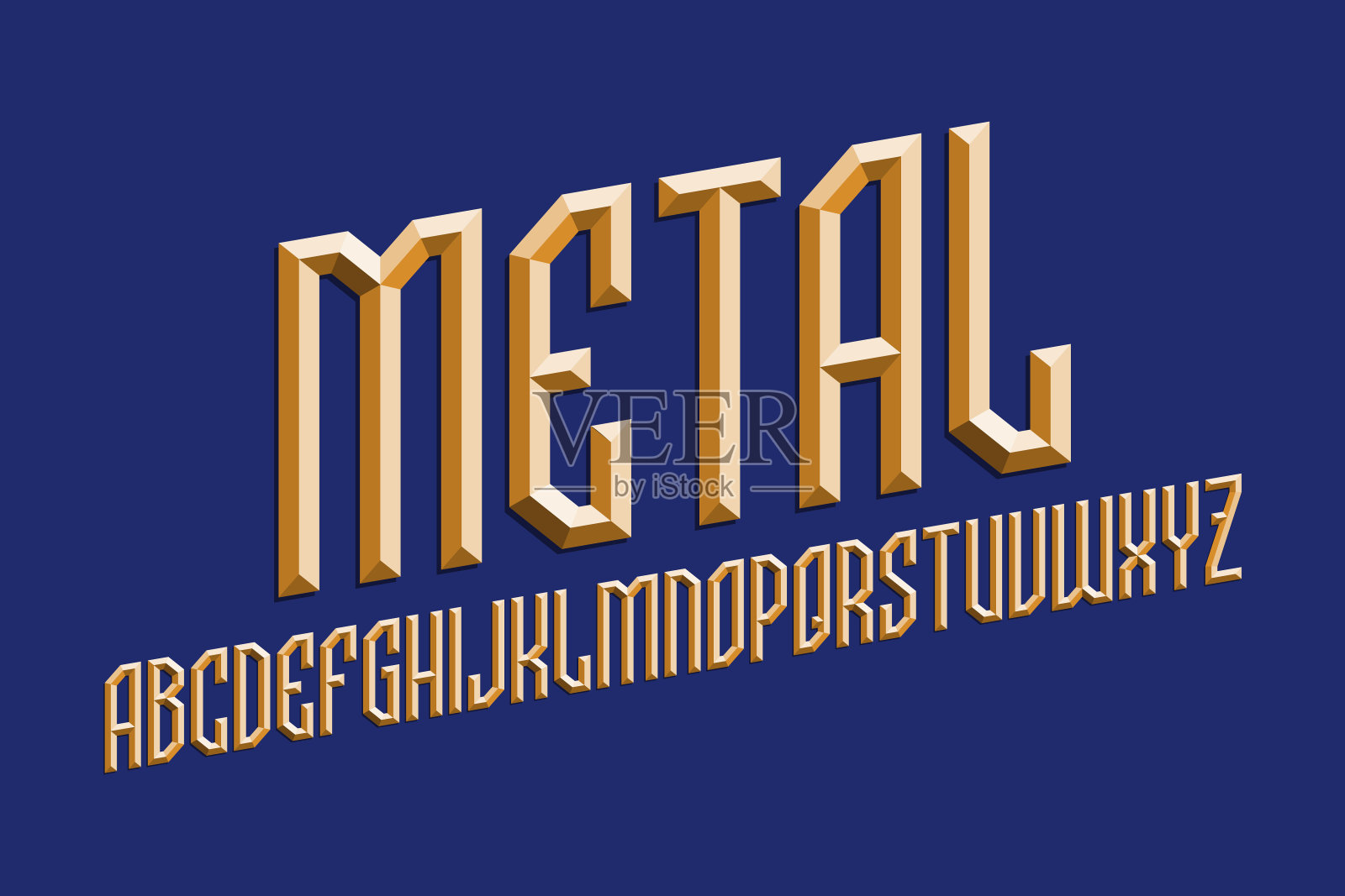 柱体青铜字母的体积金属字母表。3d显示斜字体。孤立的英文字母。设计元素图片