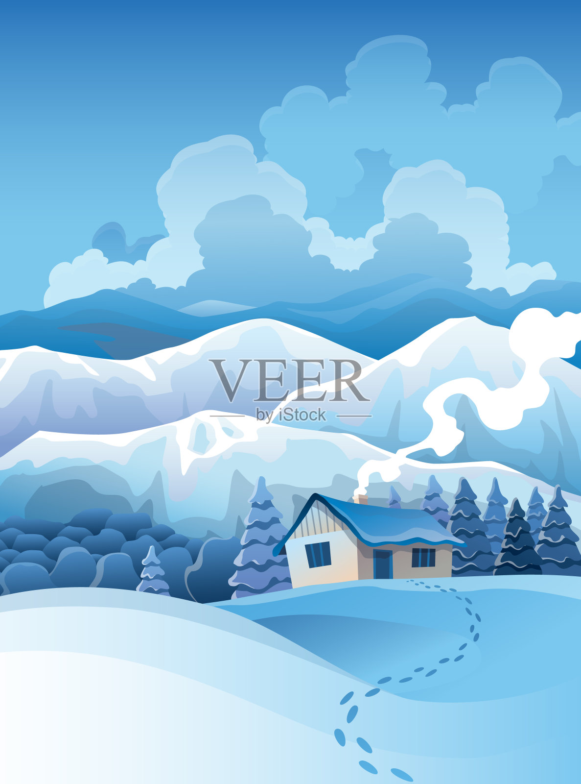 冬山雪景以松树林和山丘为背景。白雪覆盖的田野矢量图，上面站着房子和走到它的痕迹。水平自然场景插画图片素材