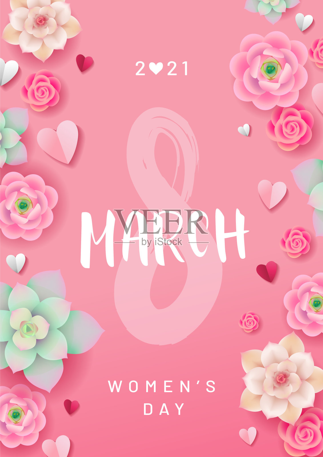 3月8日2021年妇女节海报设计。盛开的花朵和纸心在粉红色的背景与文字。——矢量图插画图片素材