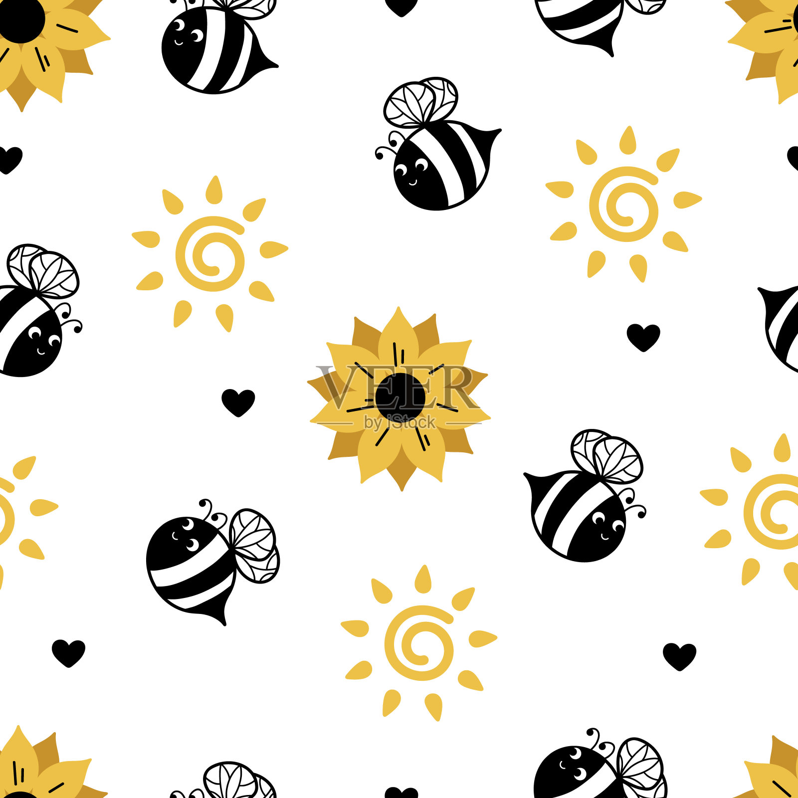 背景是蜜蜂和向日葵插画图片素材