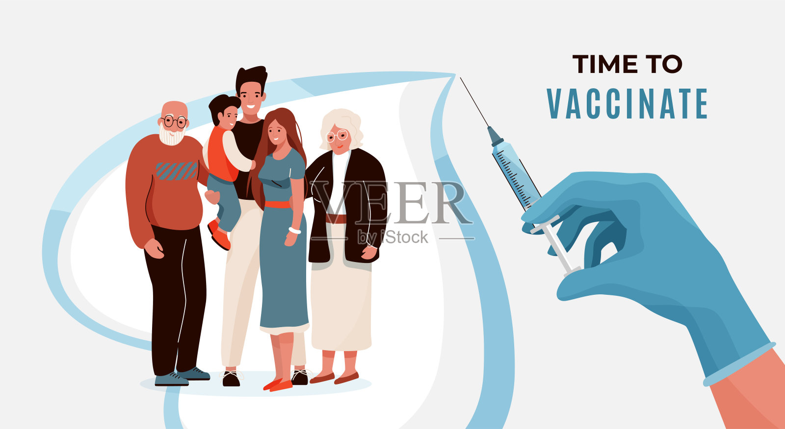 家庭疫苗接种概念载体横幅。家庭与老人和孩子拥抱在心脏形状的背景。护士手持装有疫苗的注射器插画图片素材