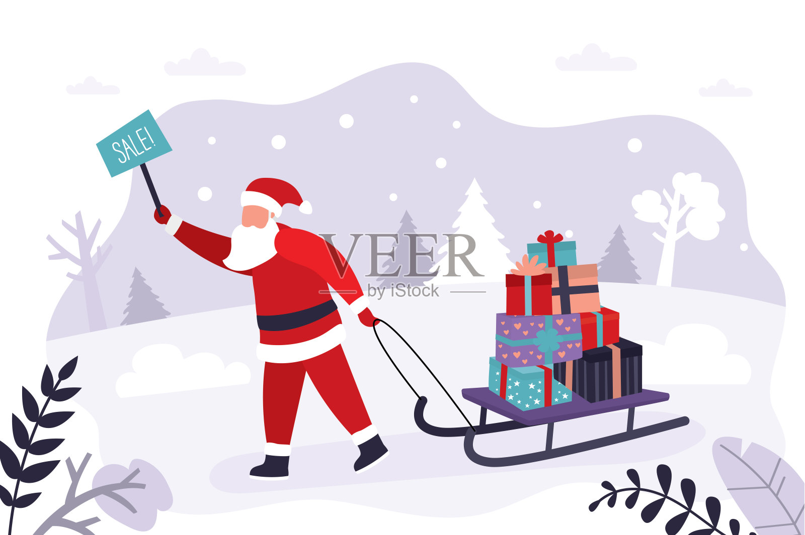 圣诞老人宣布新年折扣和假日销售。圣诞老人扛着装满礼盒的雪橇。寒假的概念插画图片素材