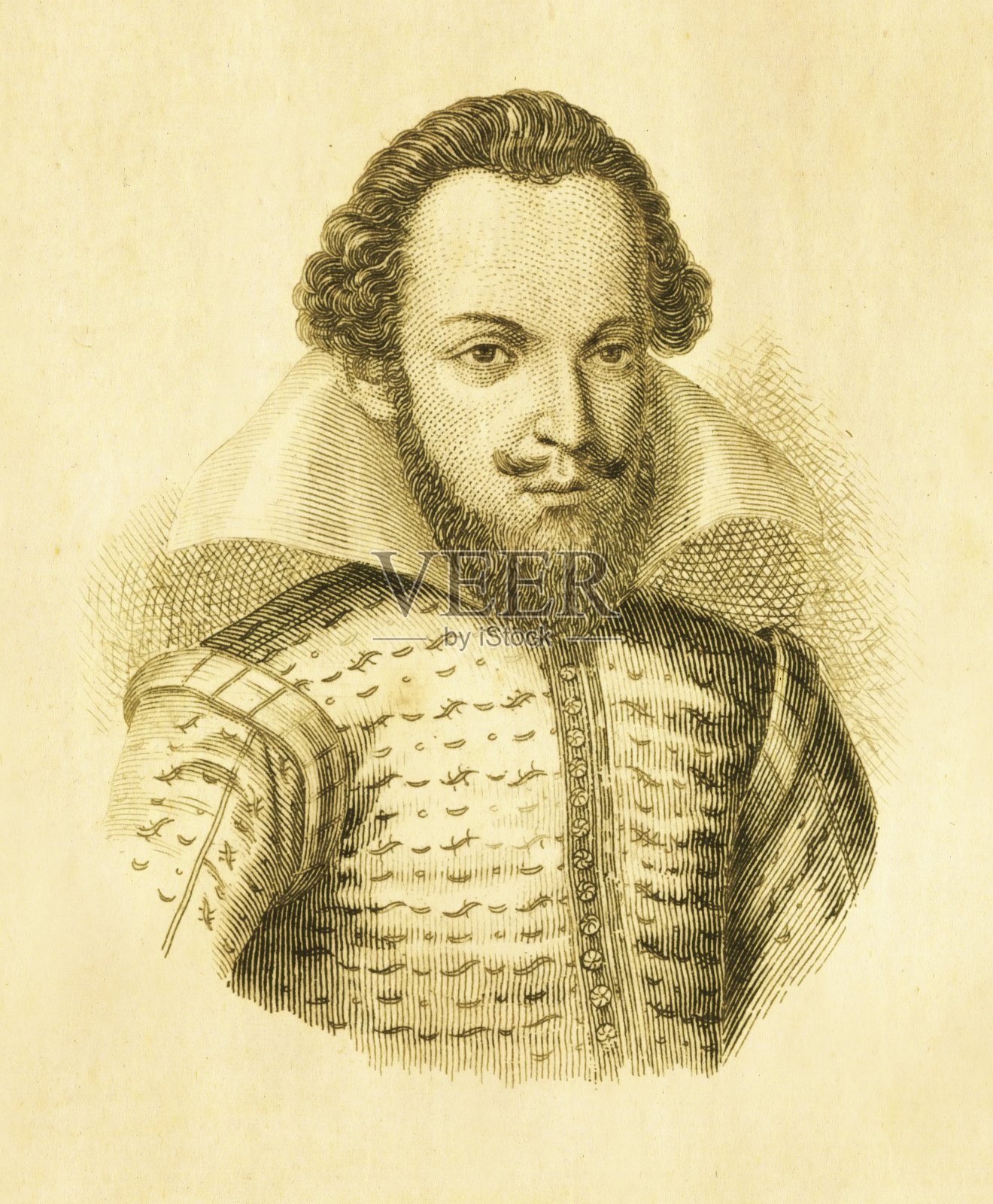 17世纪的衣领和男性发型。一幅欧洲贵族肖像|古董历史插图插画图片素材