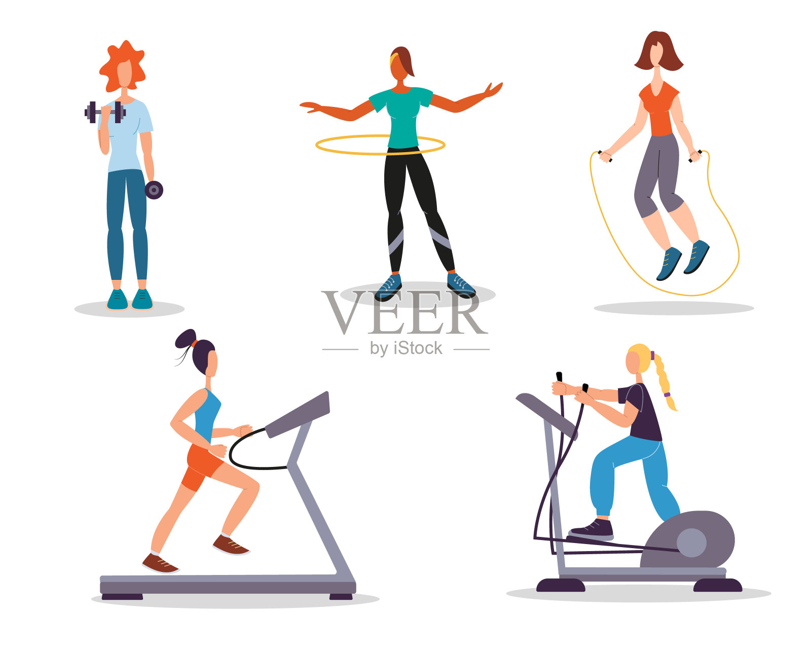 一组女性角色在白色背景下使用运动设备和模拟器进行运动锻炼。健身房或呆在家里的运动概念。女人动作人物矢量插图。插画图片素材