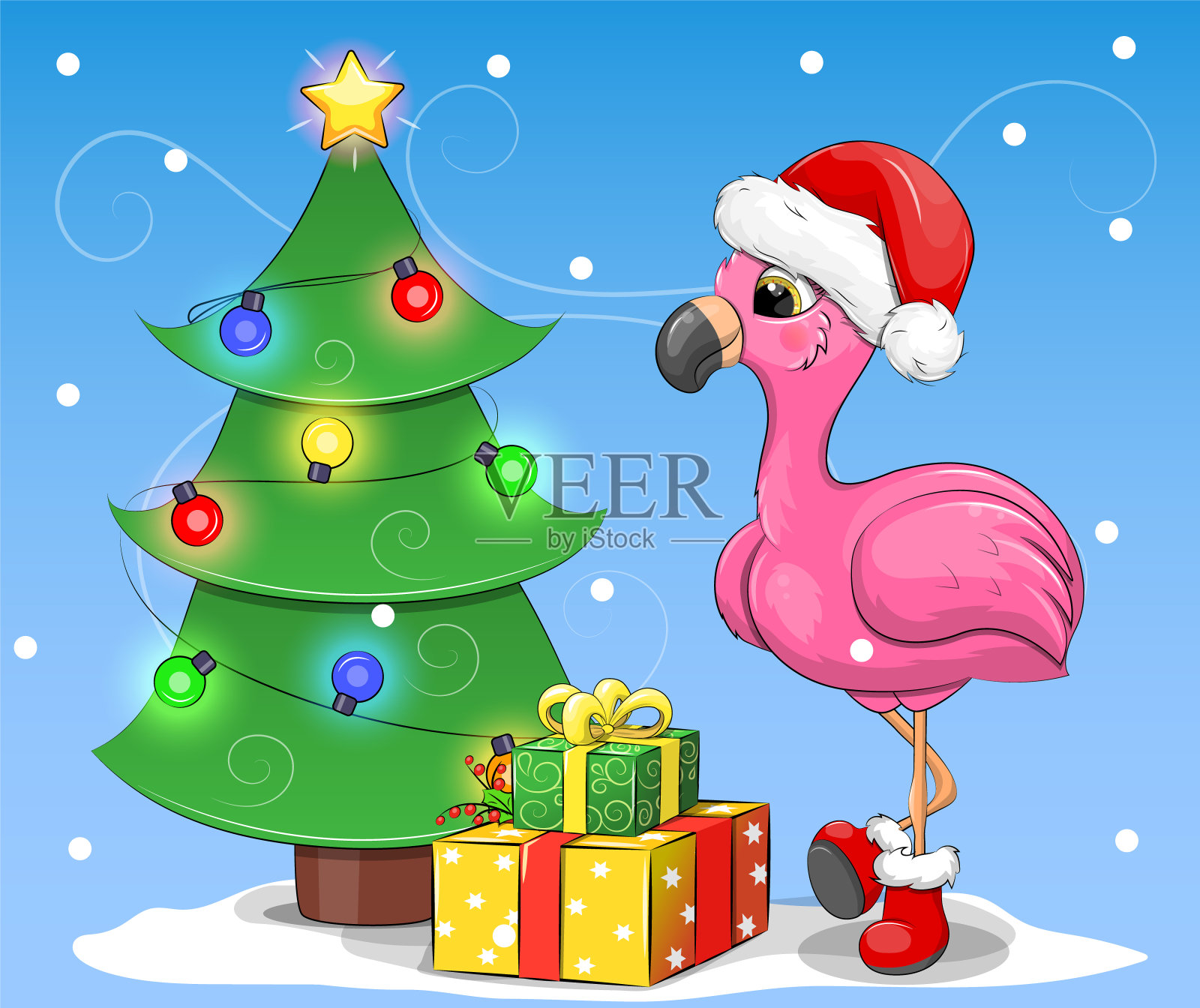 可爱的卡通火烈鸟与圣诞树和礼物。插画图片素材