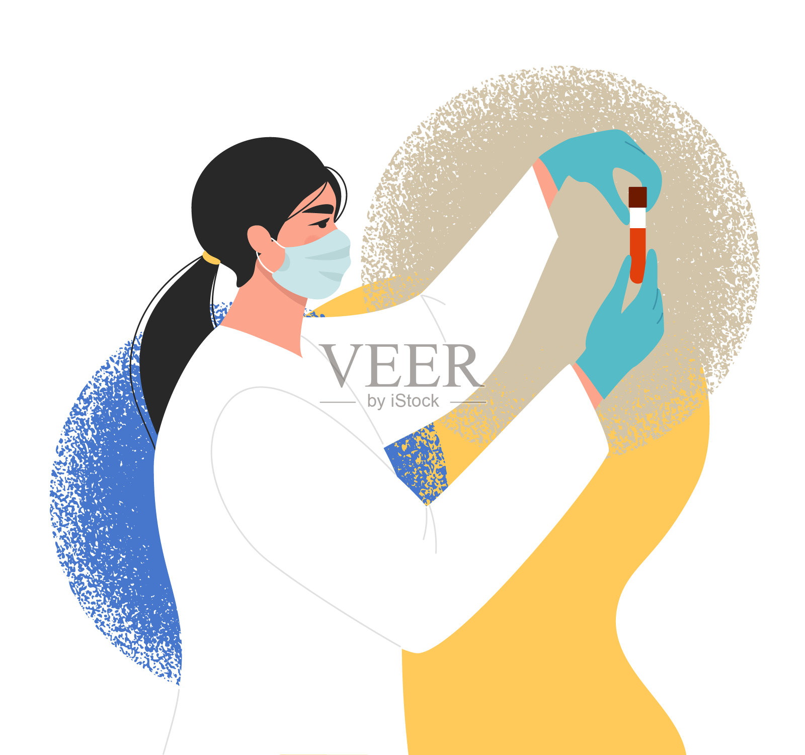 医学研究，科学概念。手持装有血样或液体的玻璃试管进行分析的女医生或护士。戴着面罩和手套的女人。插画图片素材