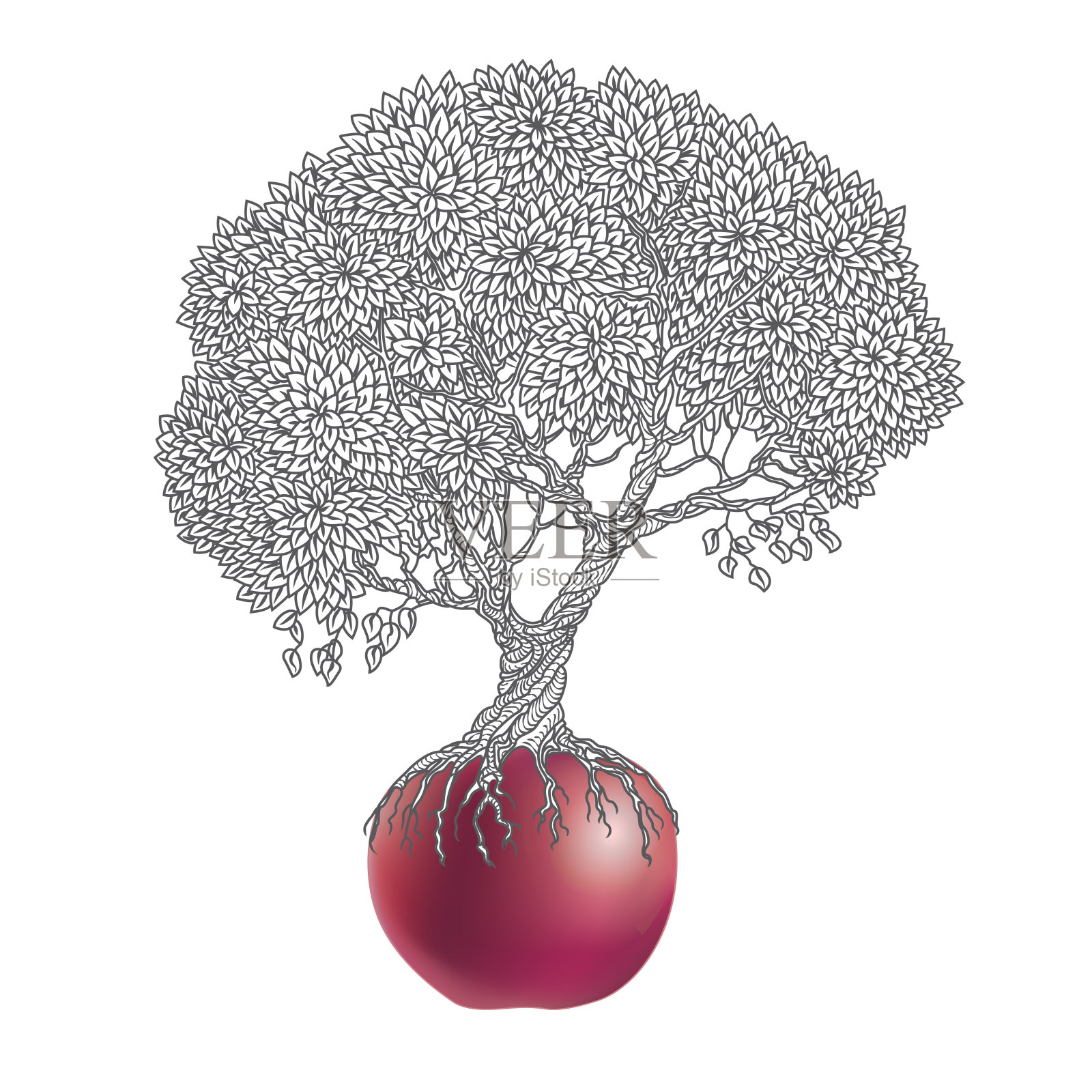 向量插图的老苹果树生长出一个红色的苹果孤立在一个白色的背景插画图片素材