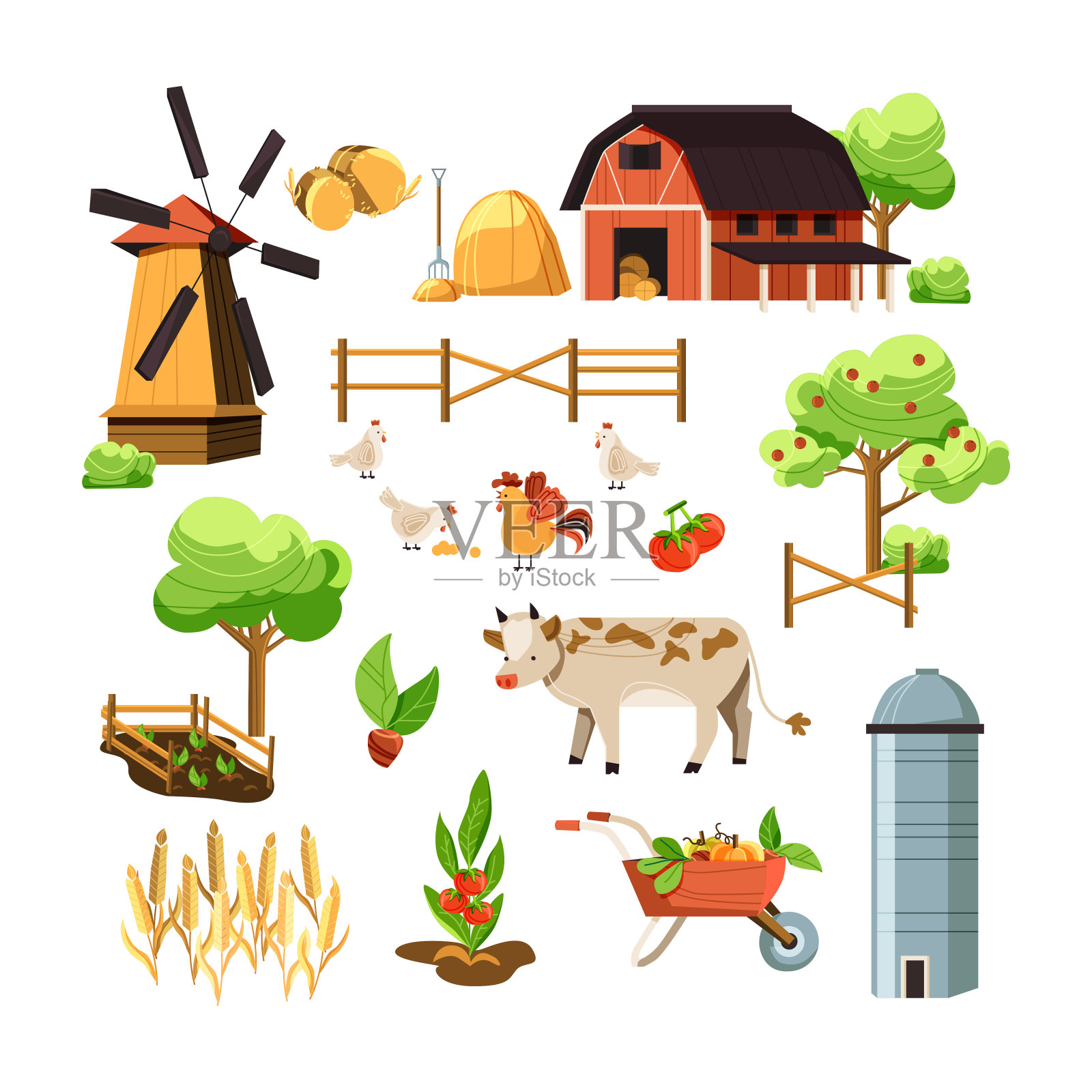 向量卡通风格的农民设置。红谷仓，动物，果树，麦束，马车，磨坊。在白色背景上隔离插画图片素材