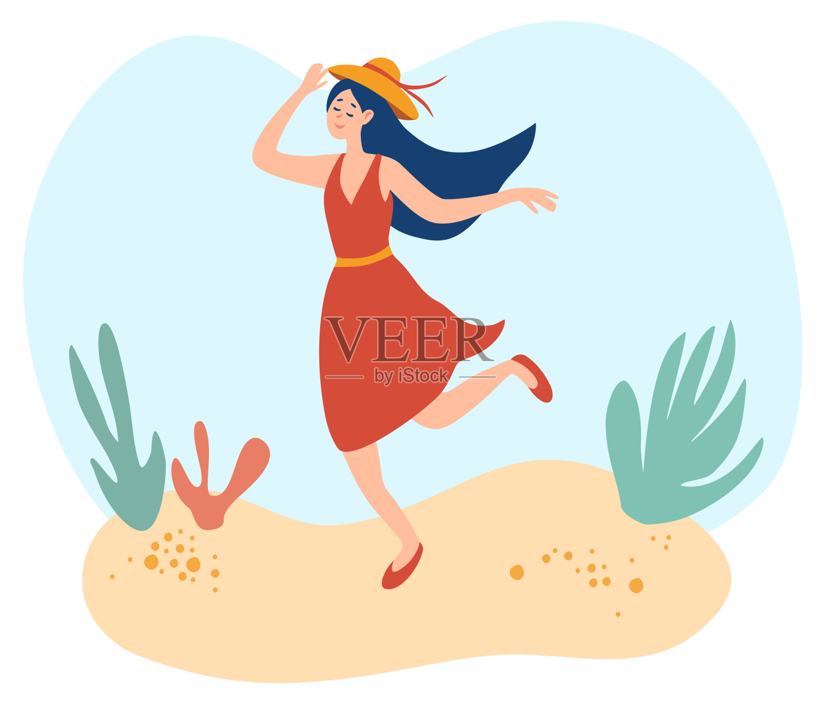Happy young woman walking on the beach. Lady in a summer dress hold her hat. Happy smiling woman goes at outdoor on summer sunny weather. Seaside holiday look, walking pose. Cartoon Flat Illustration插画图片素材