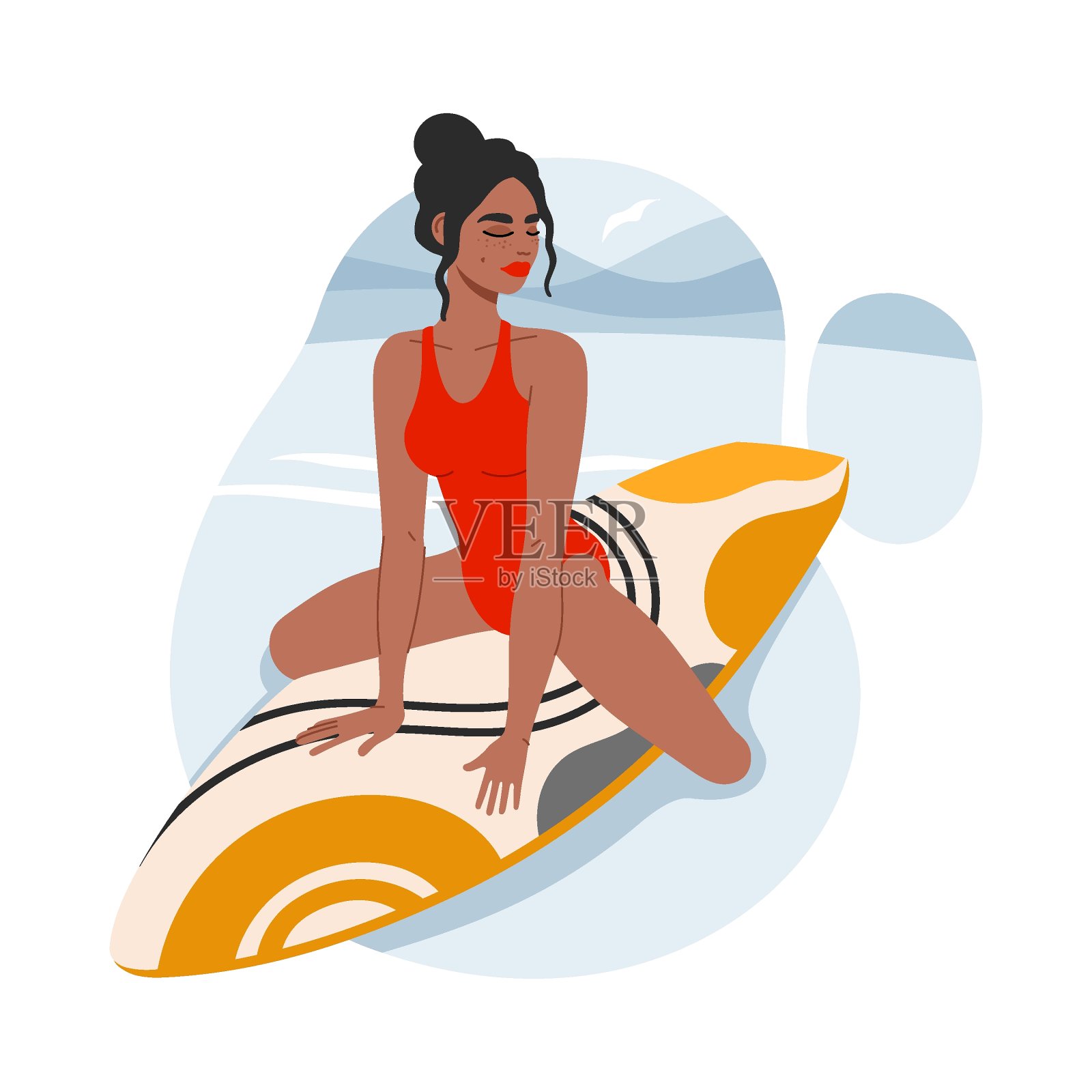 冲浪女坐在海浪中的冲浪板上。穿红色泳装的女孩在海里冲浪。平面或catroon孤立的流行矢量插图。插画图片素材