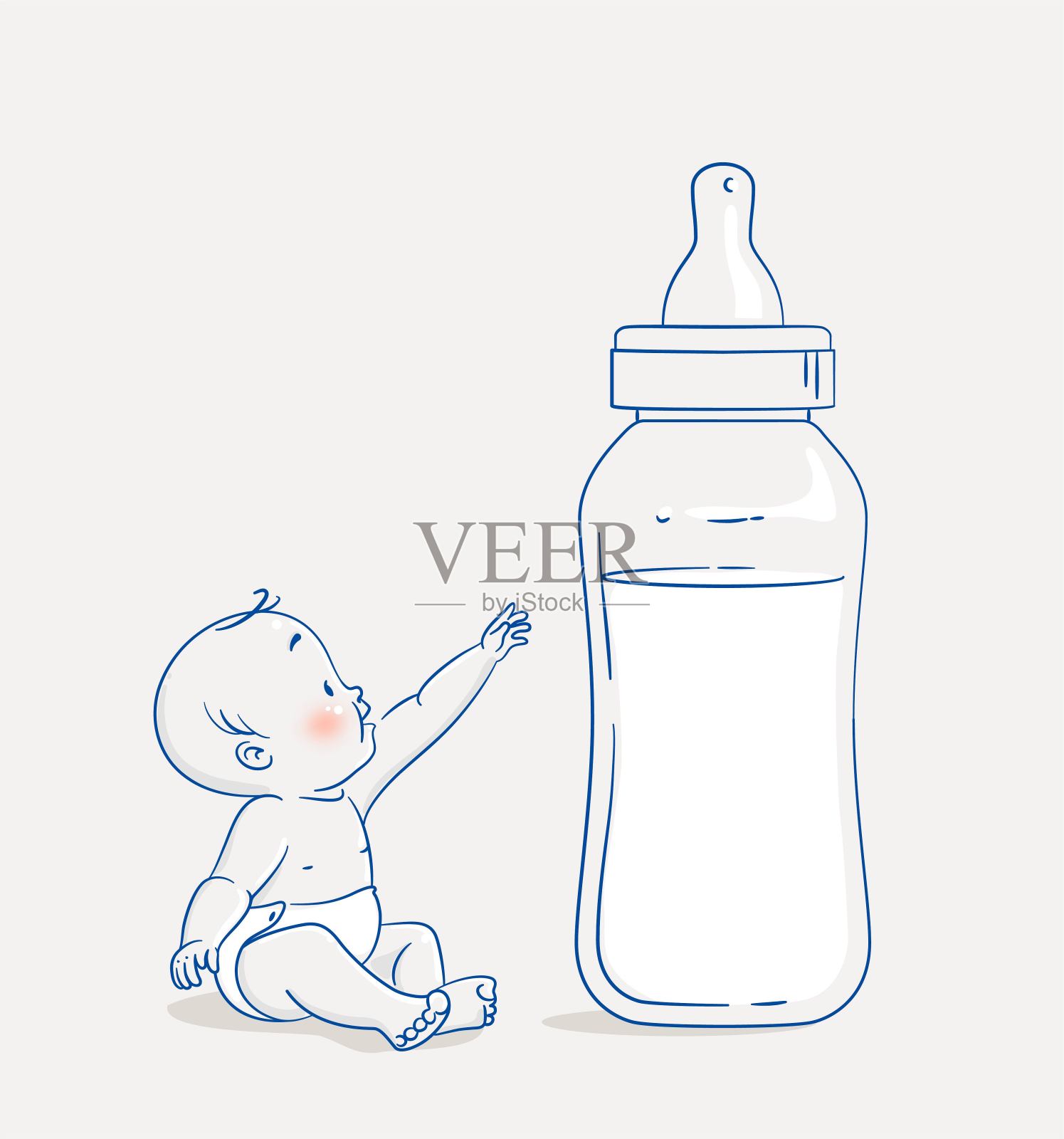 可爱的小男孩坐在地板上，伸手去拿一大瓶牛奶。插画图片素材