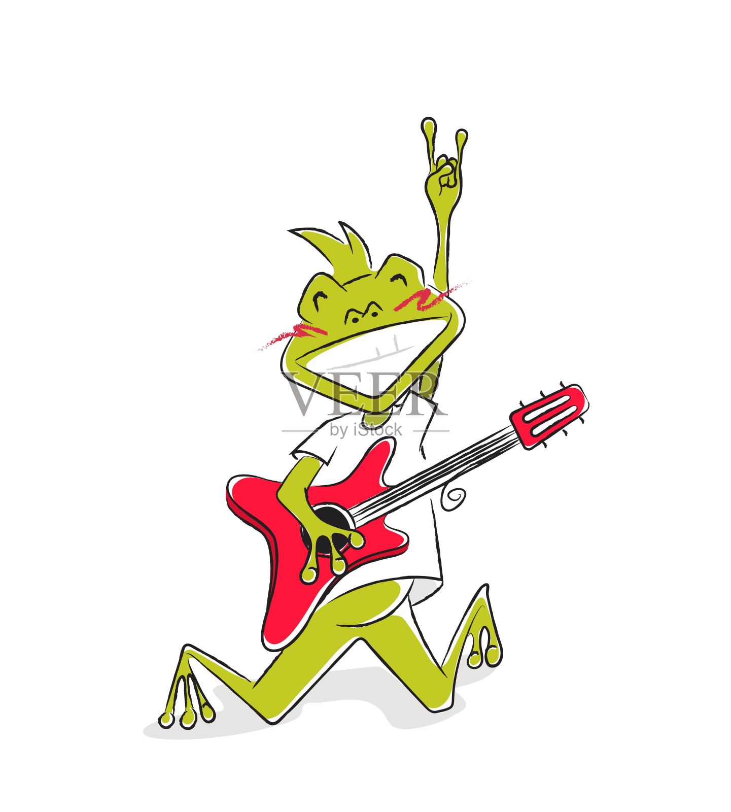 滑稽的卡通摇滚明星青蛙与吉他和摇滚标志。设计元素图片