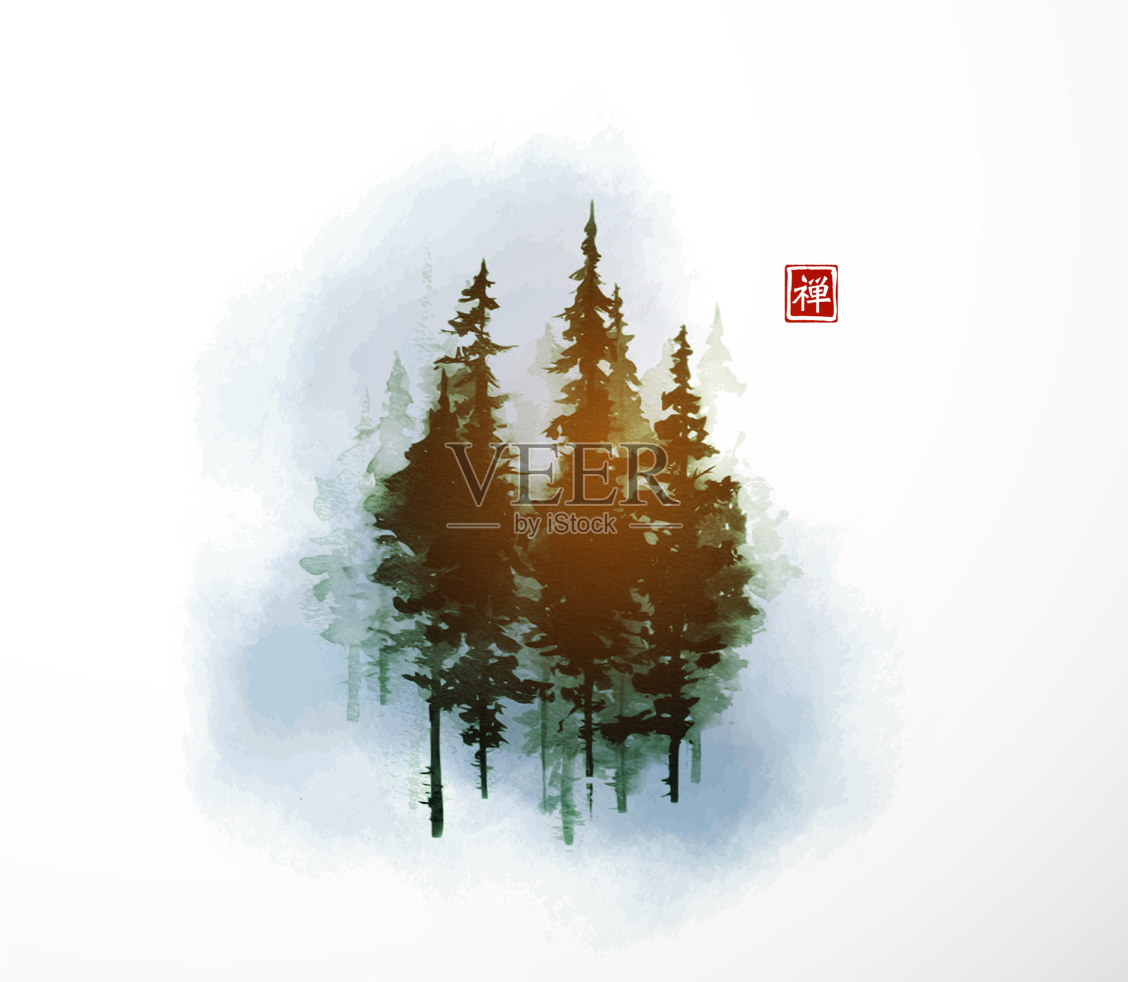 高青松树在蓝雾传统插画图片素材