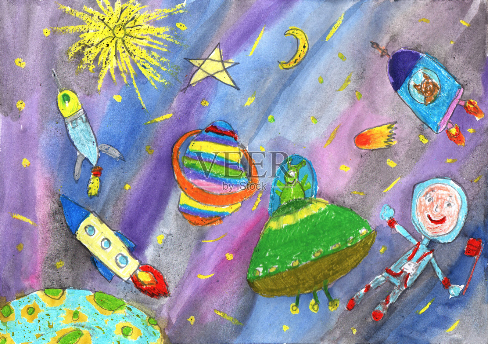 水彩儿童画太空行星火箭插画图片素材
