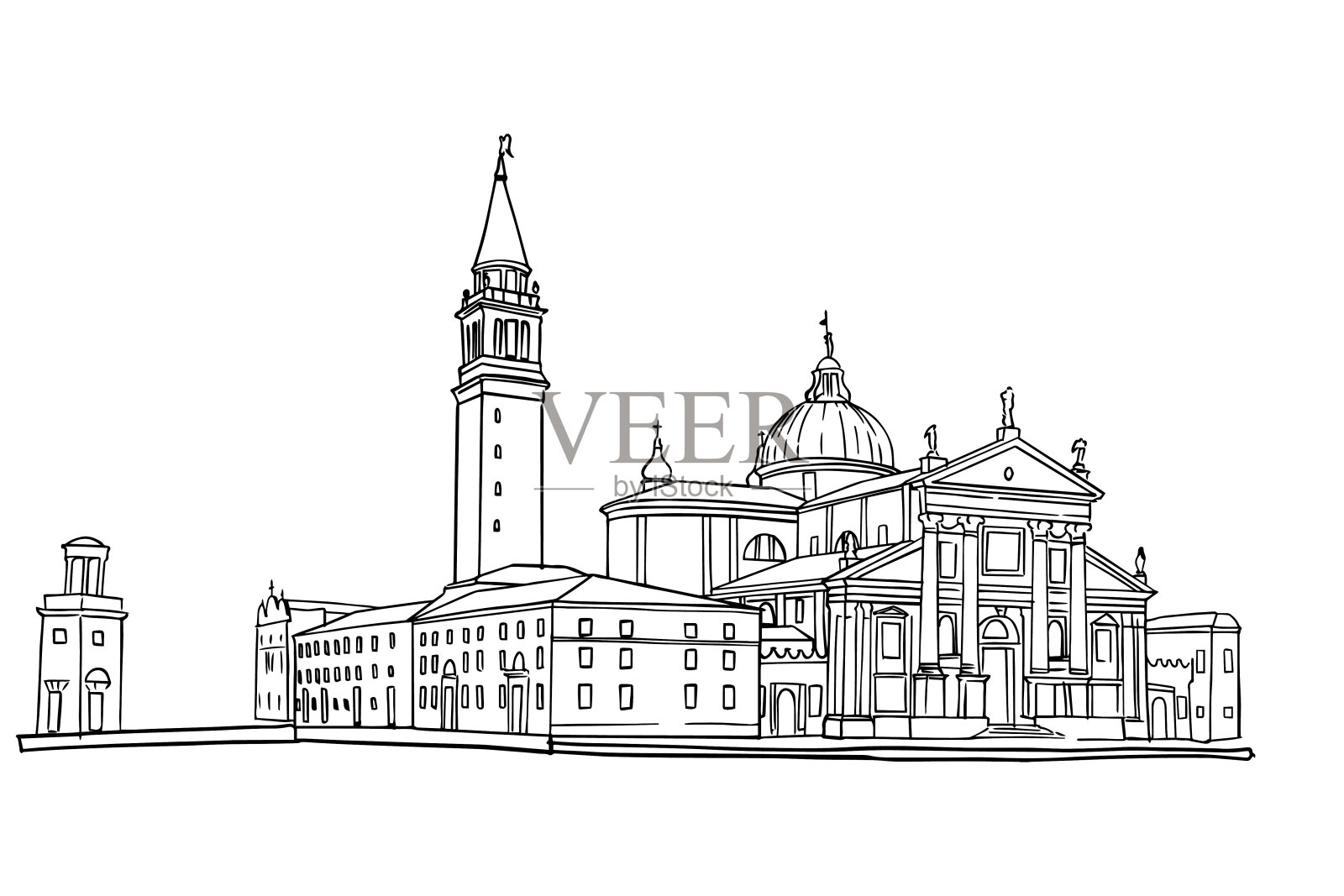 意大利威尼斯圣乔治马乔雷大教堂矢量素描。插画图片素材