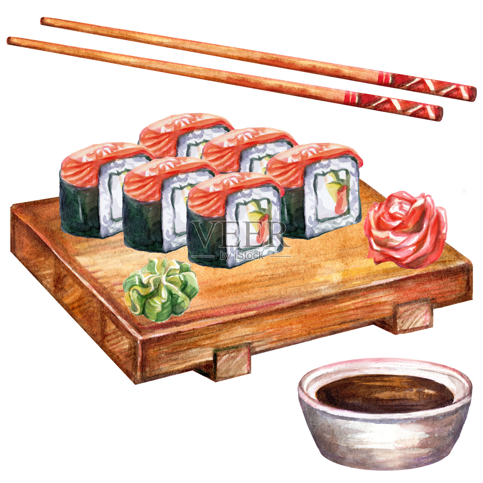 日本食物卷与鲑鱼在船上和筷子水彩画插画图片素材