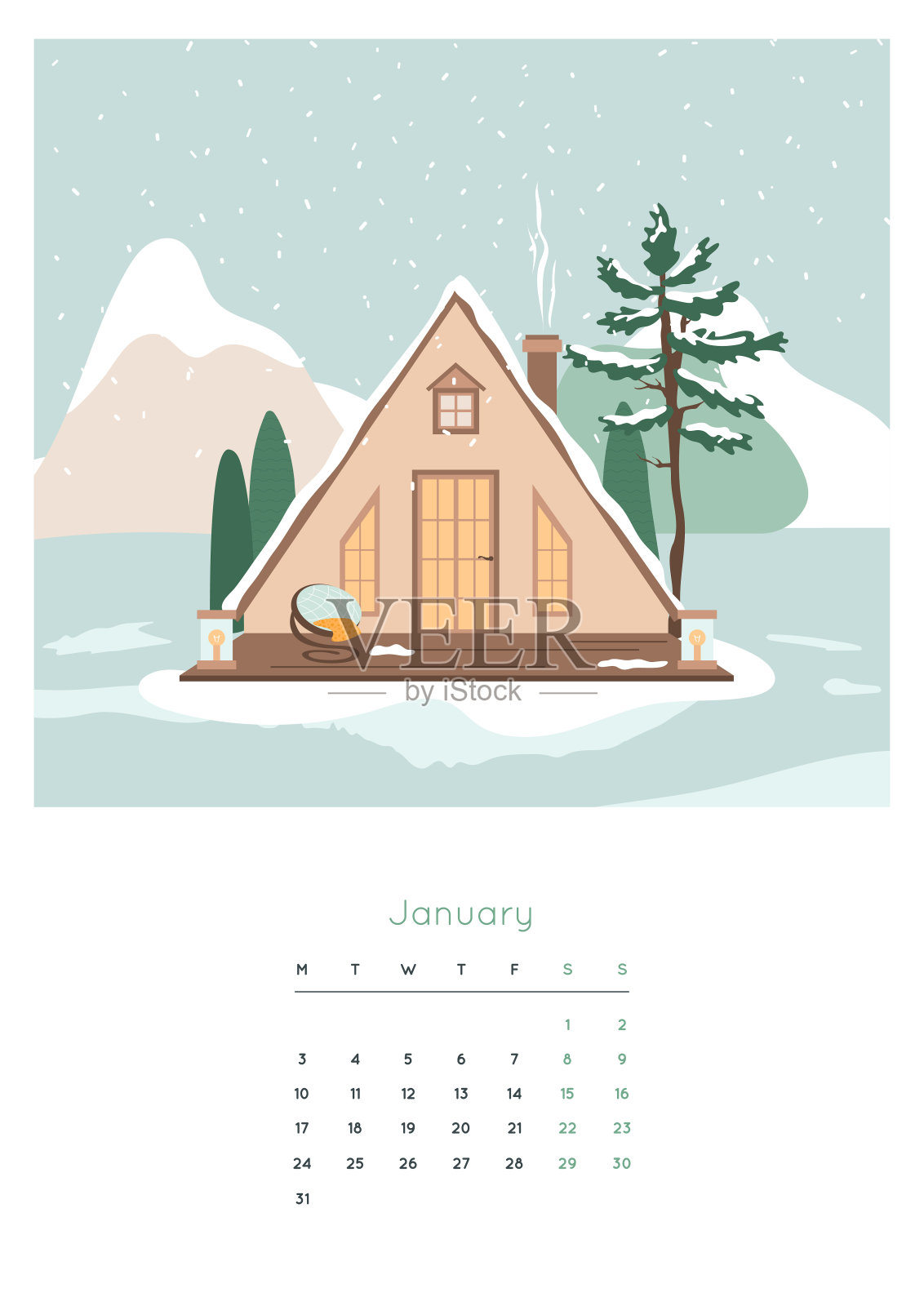 2022年日历。1月页面。设计模板素材