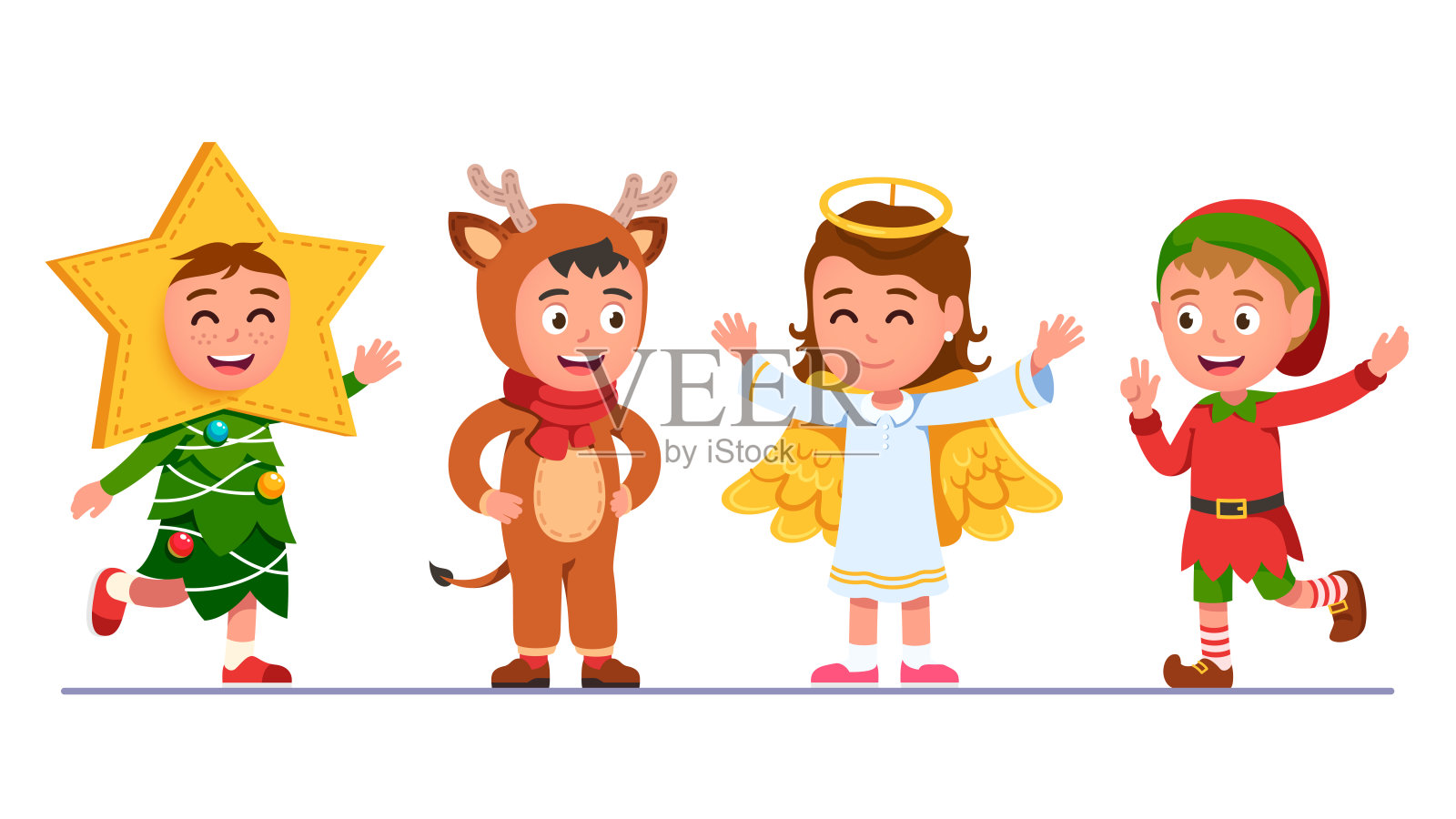 孩子们穿着冬季节日服装。微笑的男孩，女孩在圣诞和新年冷杉树，驯鹿，天使，精灵套装。儿童节日服装套装。平面矢量字符插图插画图片素材