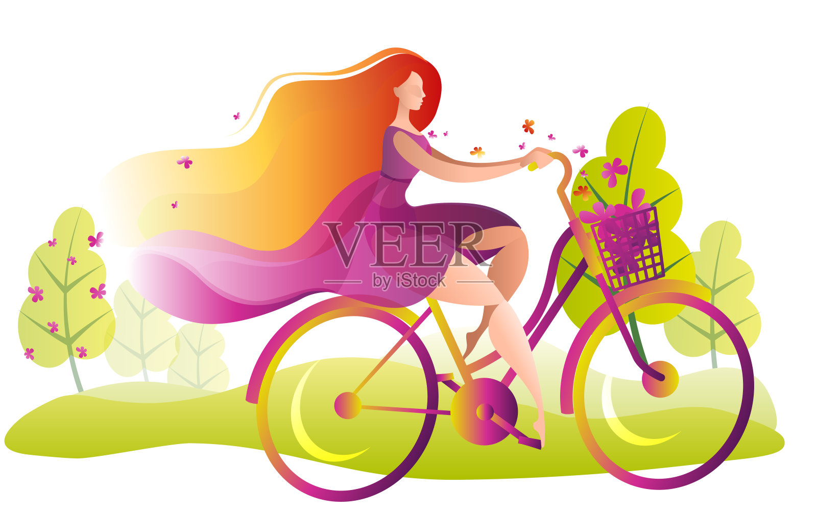 一个漂亮的女孩穿着裙子骑着一辆自行车，手里拿着一个花篮。插画图片素材
