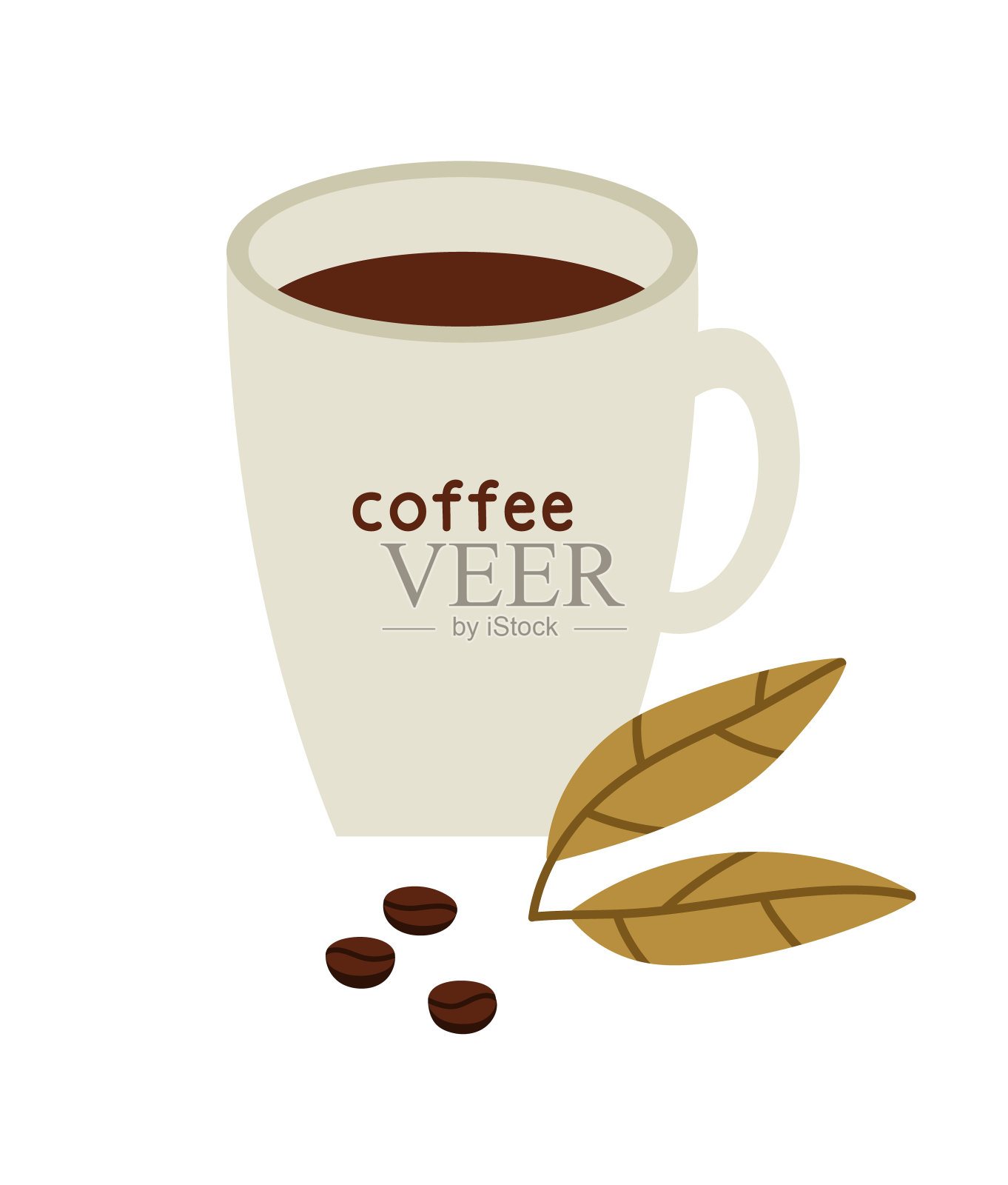 矢量插图的咖啡杯与叶子和豆子，孤立在白色。插画图片素材