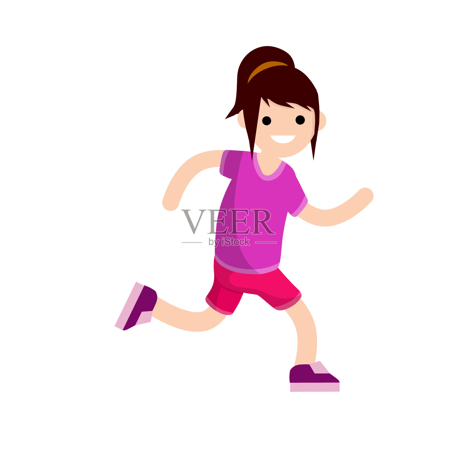 穿着短裤和粉色t恤的年轻女子。跑步和运动。运动和散步。卡通平面插图。积极的生活方式插画图片素材