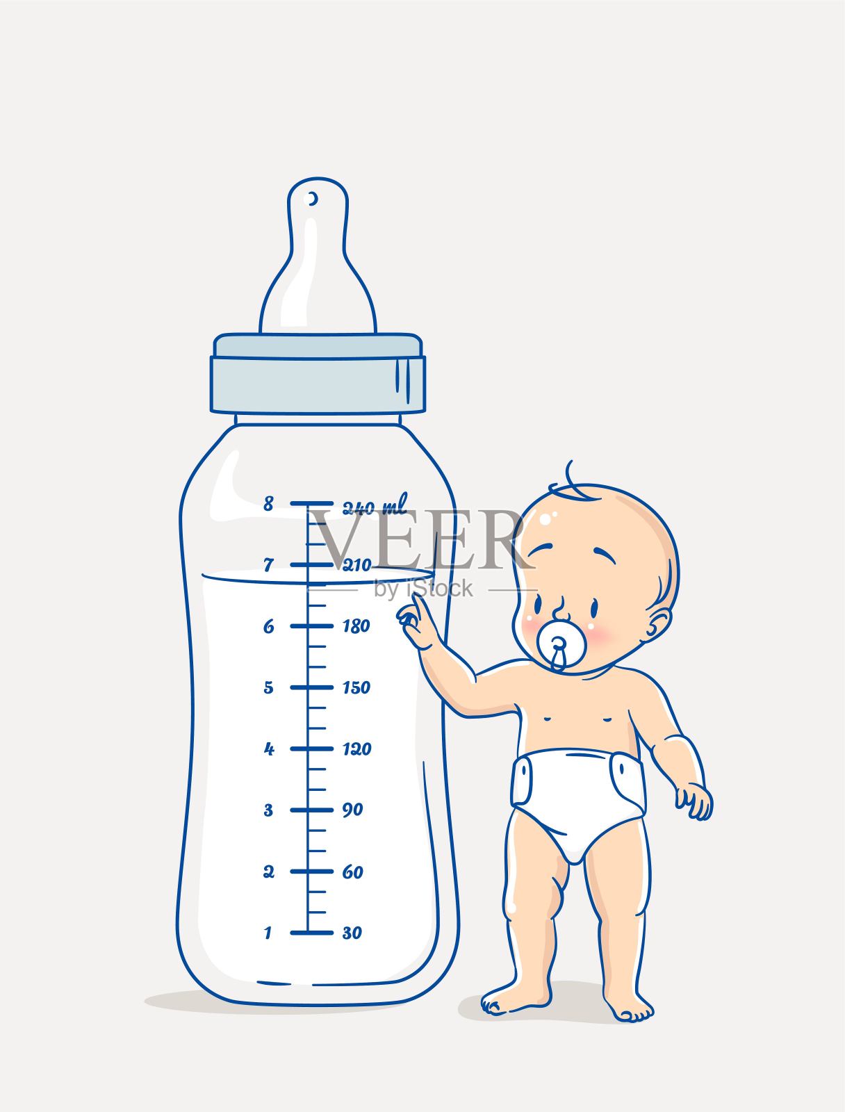 可爱的小男孩站在地板上，指着一大瓶牛奶。插画图片素材