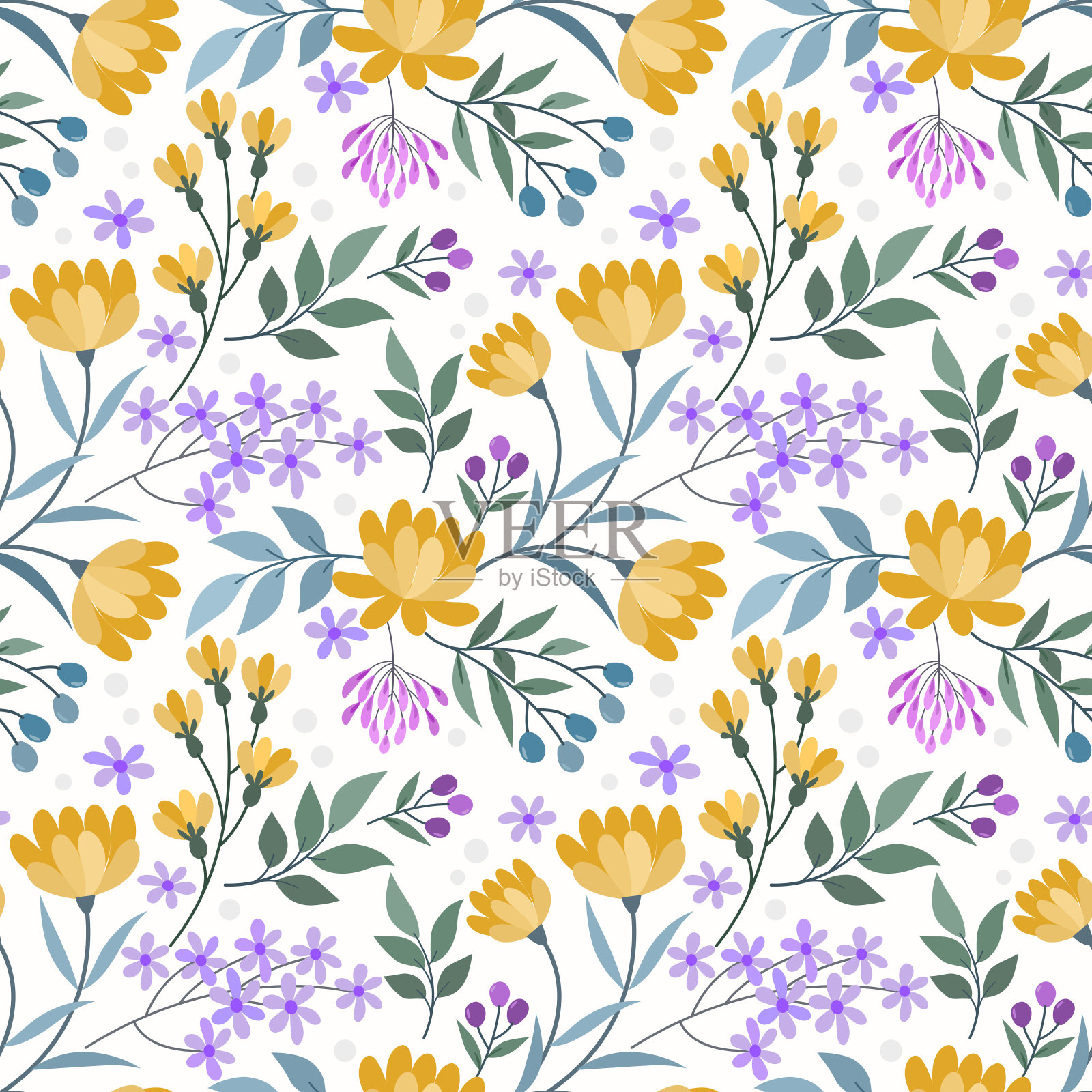 盛开的黄花与小紫花无缝的图案。插画图片素材