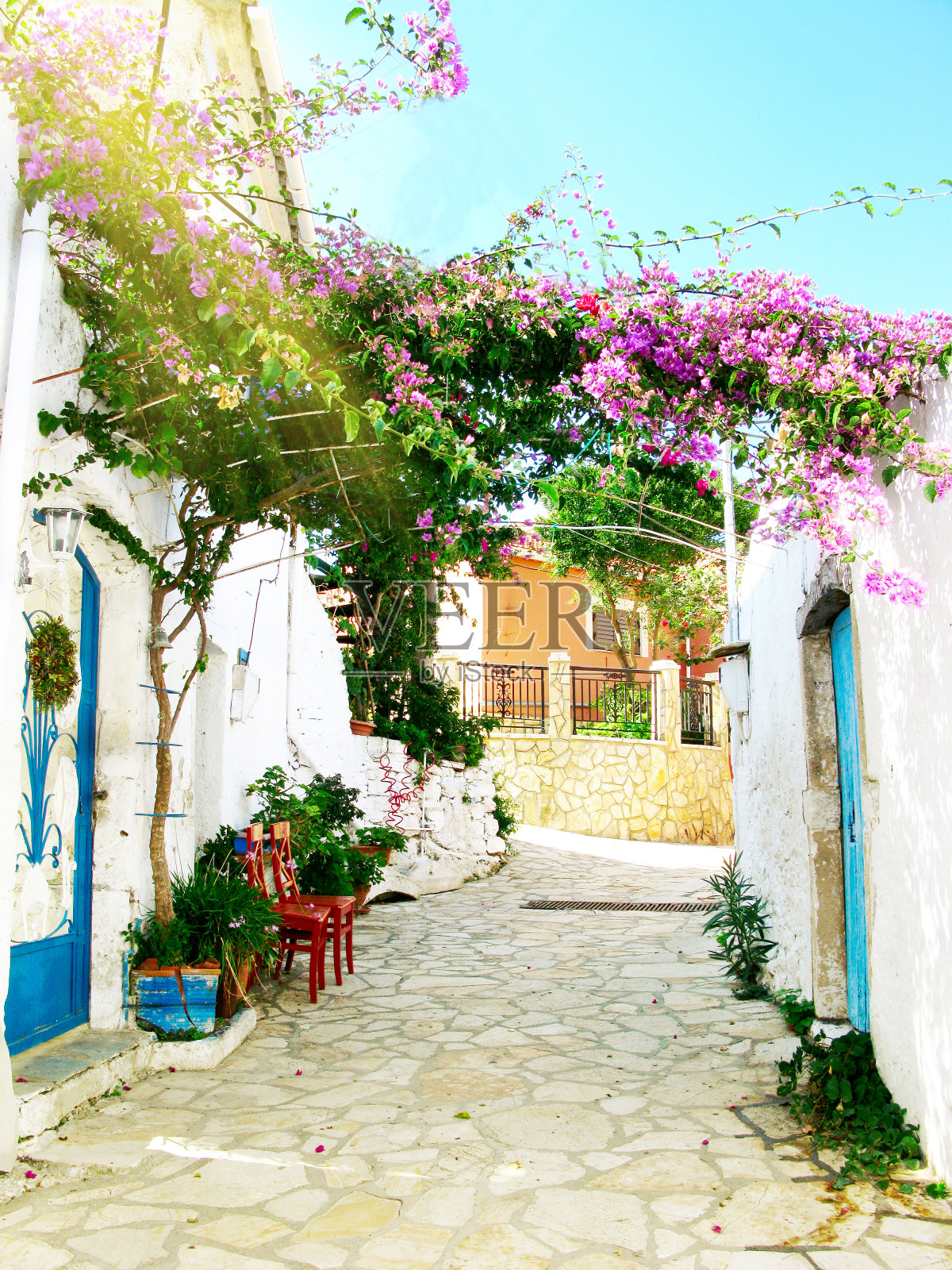 希腊的传统街道和房屋建筑细节照片摄影图片