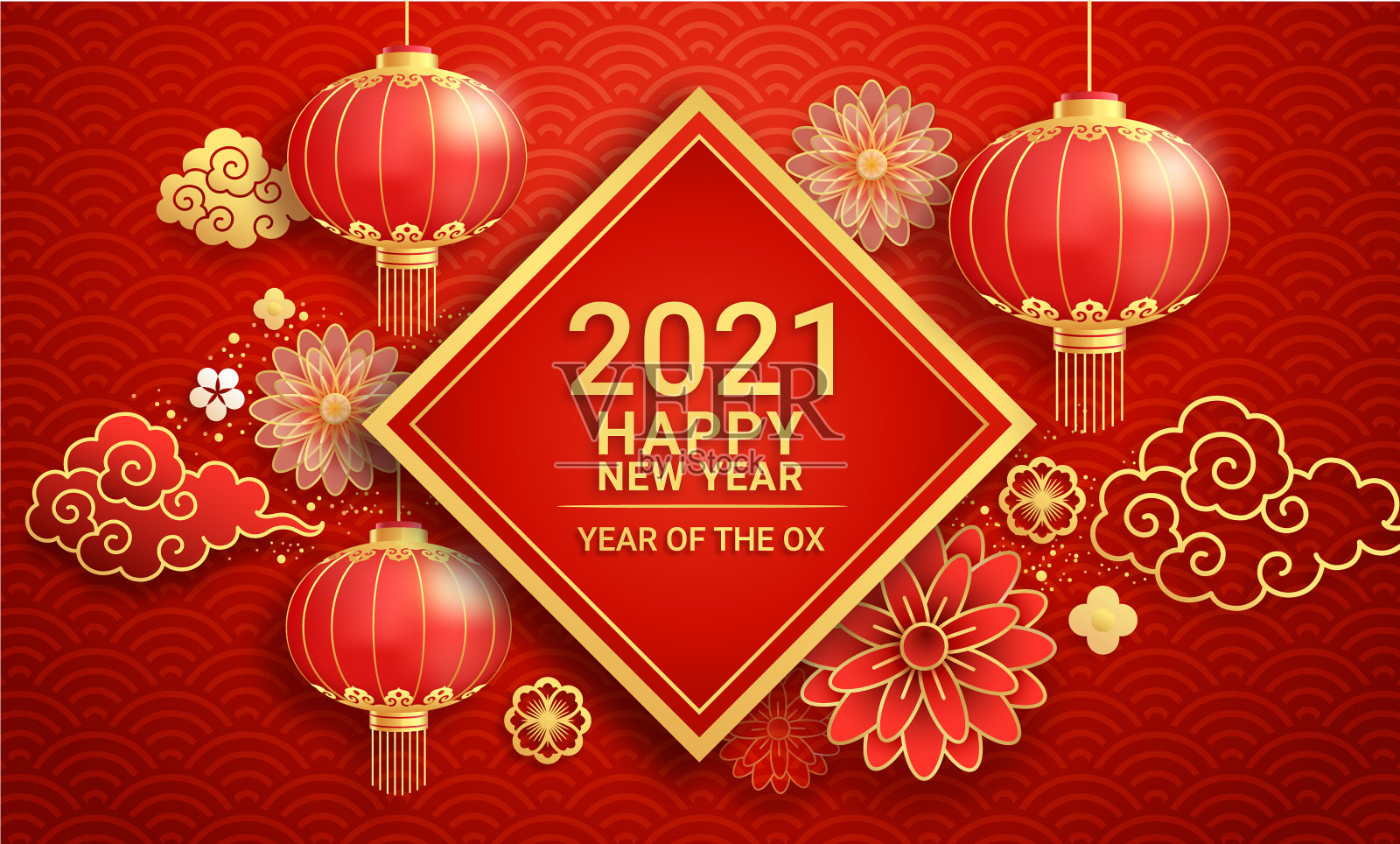 2021年中国新年纸灯笼和花设计模板素材
