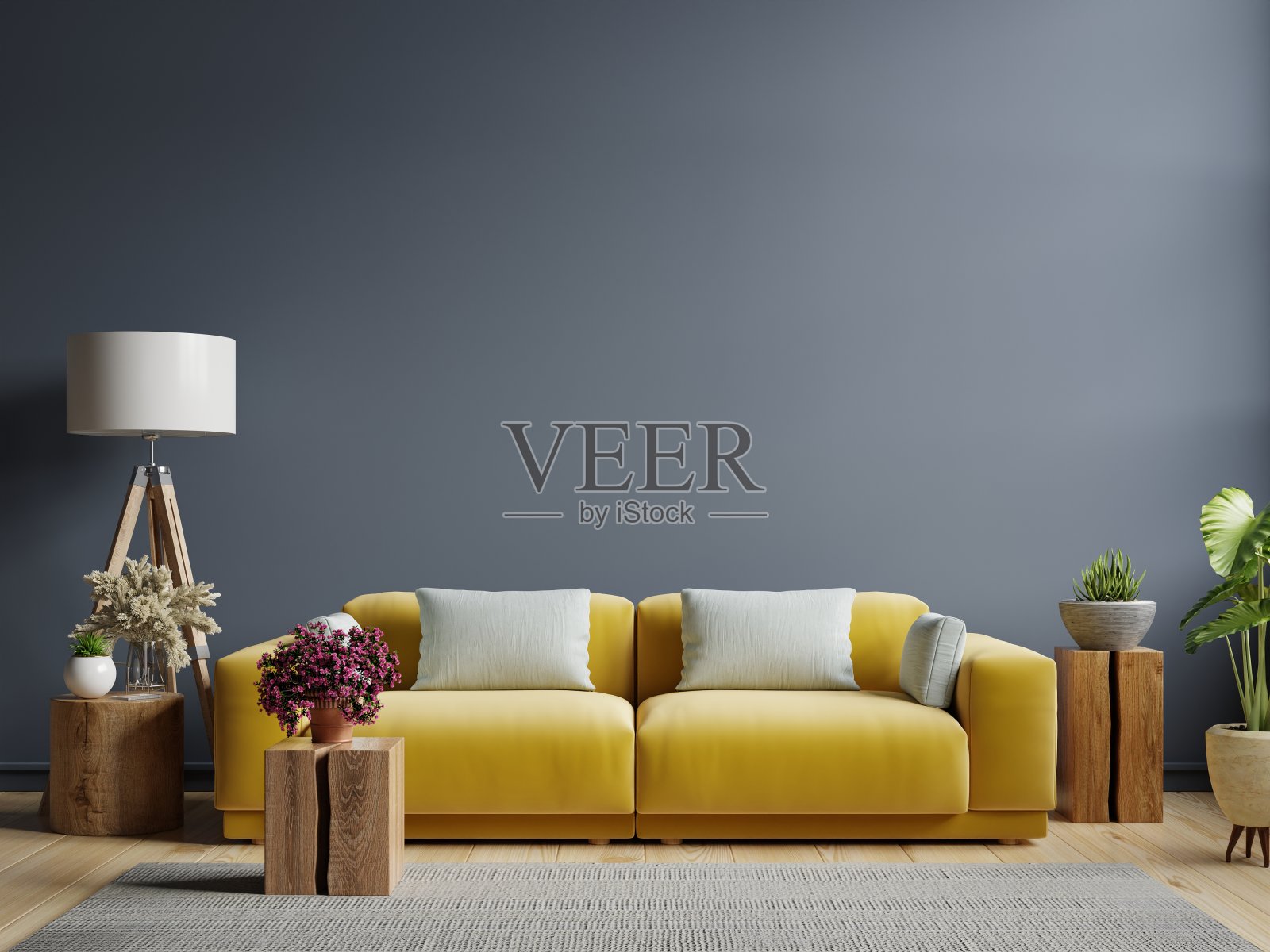室内模型深蓝色墙壁与黄色沙发和装饰客厅。照片摄影图片