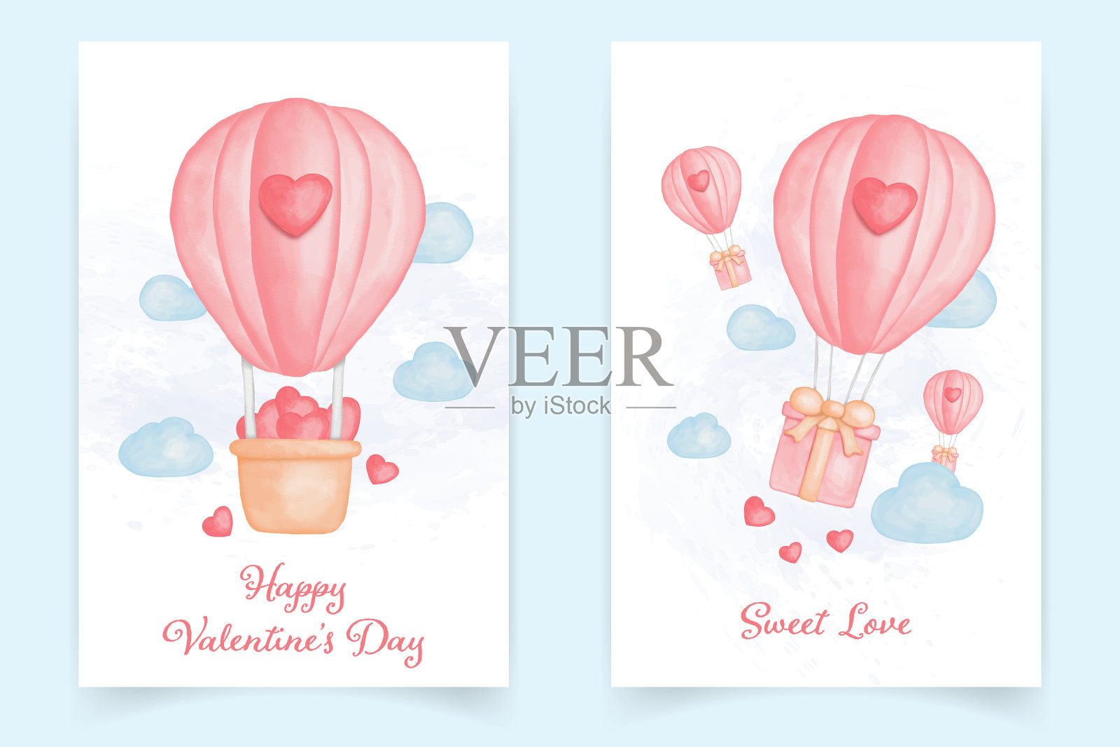 带气球的水彩情人节卡片设计模板素材