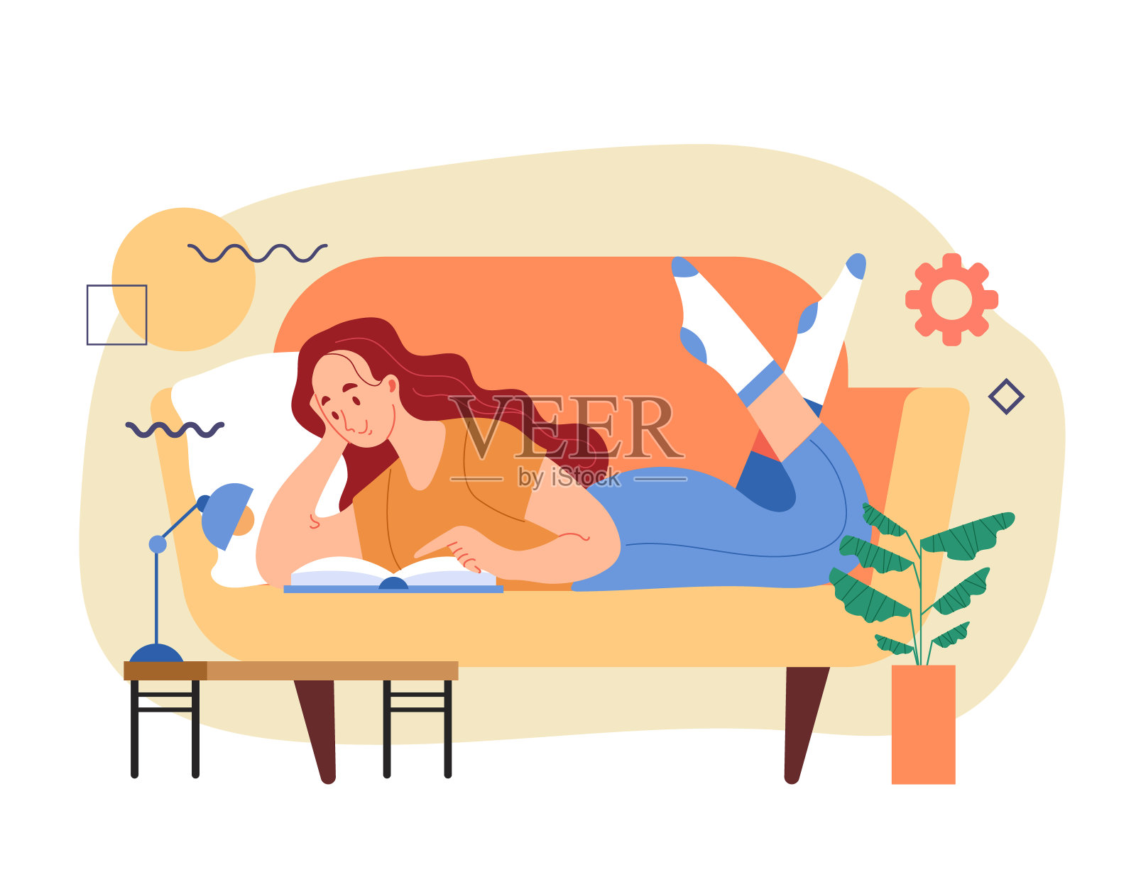 女女工学生形象躺在沙发上看书。远程在线互联网教育理念。现代风格简单的平面矢量插图插画图片素材