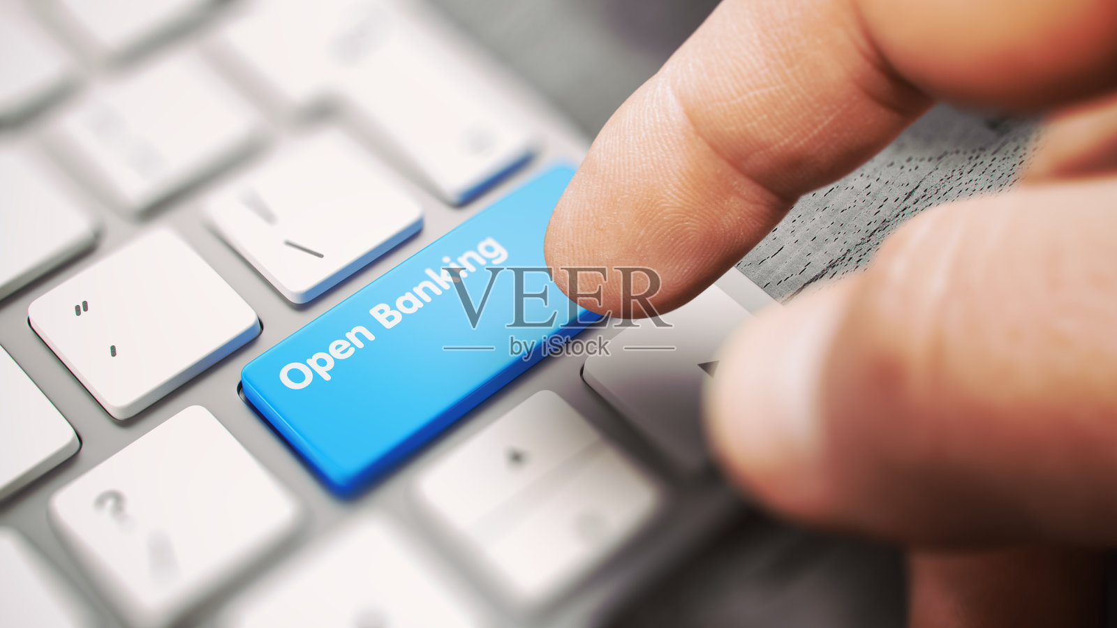 打开银行-文本上的蓝色键盘按钮。3D。照片摄影图片