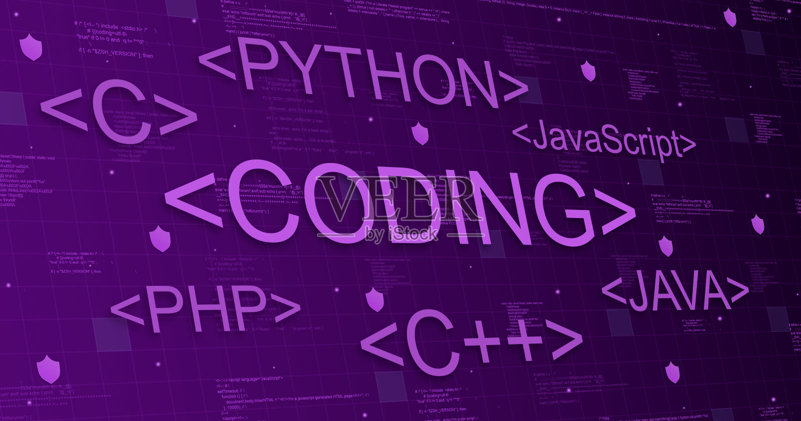 编程语言上的技术紫色背景与代码元素和光线插画图片素材