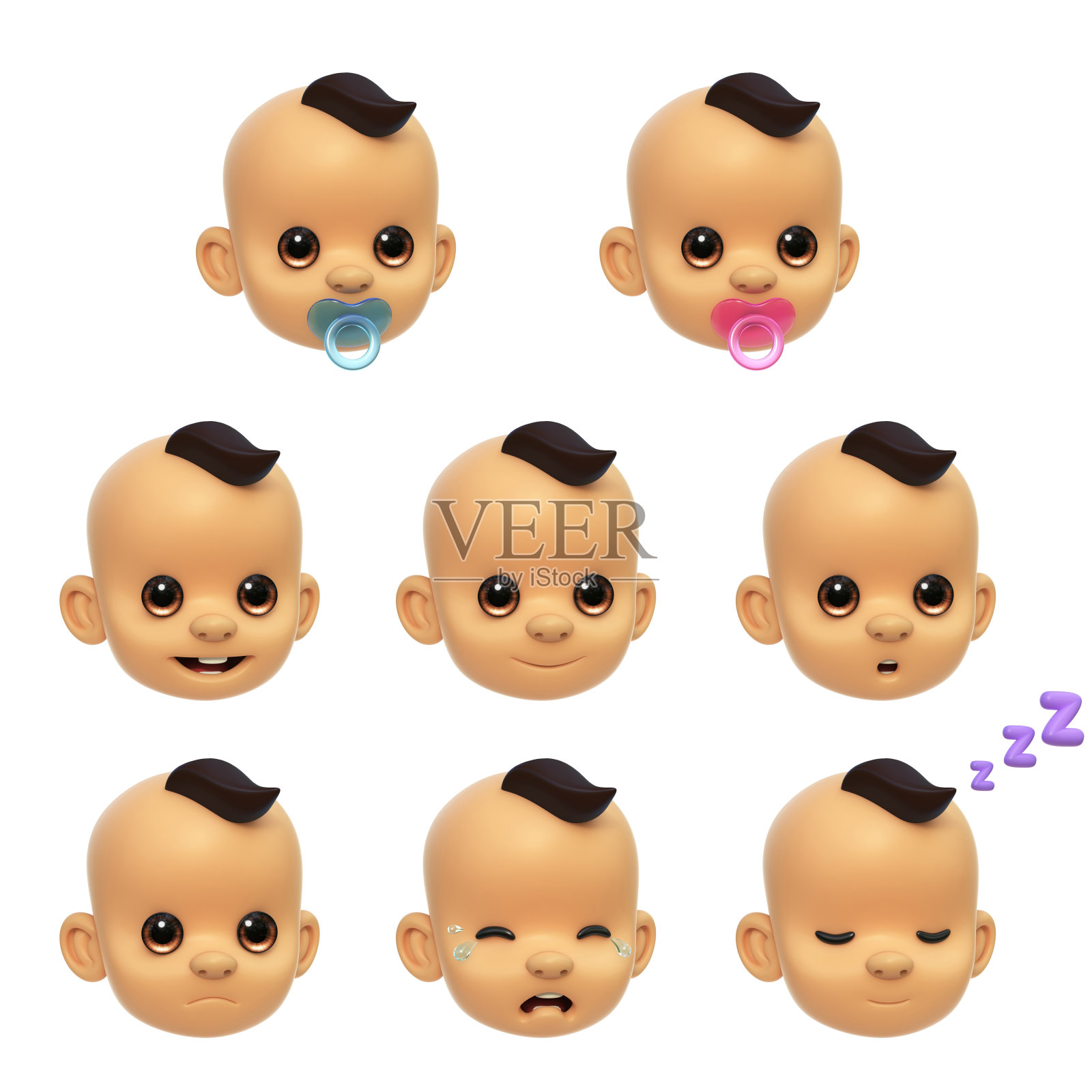 婴儿脸贴纸，亚洲婴儿3d渲染的各种面孔和情绪照片摄影图片