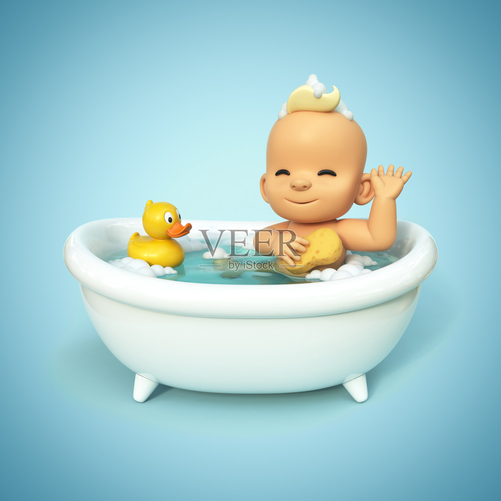 快乐宝宝洗澡玩橡皮鸭。浴缸里的小孩。婴儿洗浴。儿童3d渲染的卫生和护理照片摄影图片