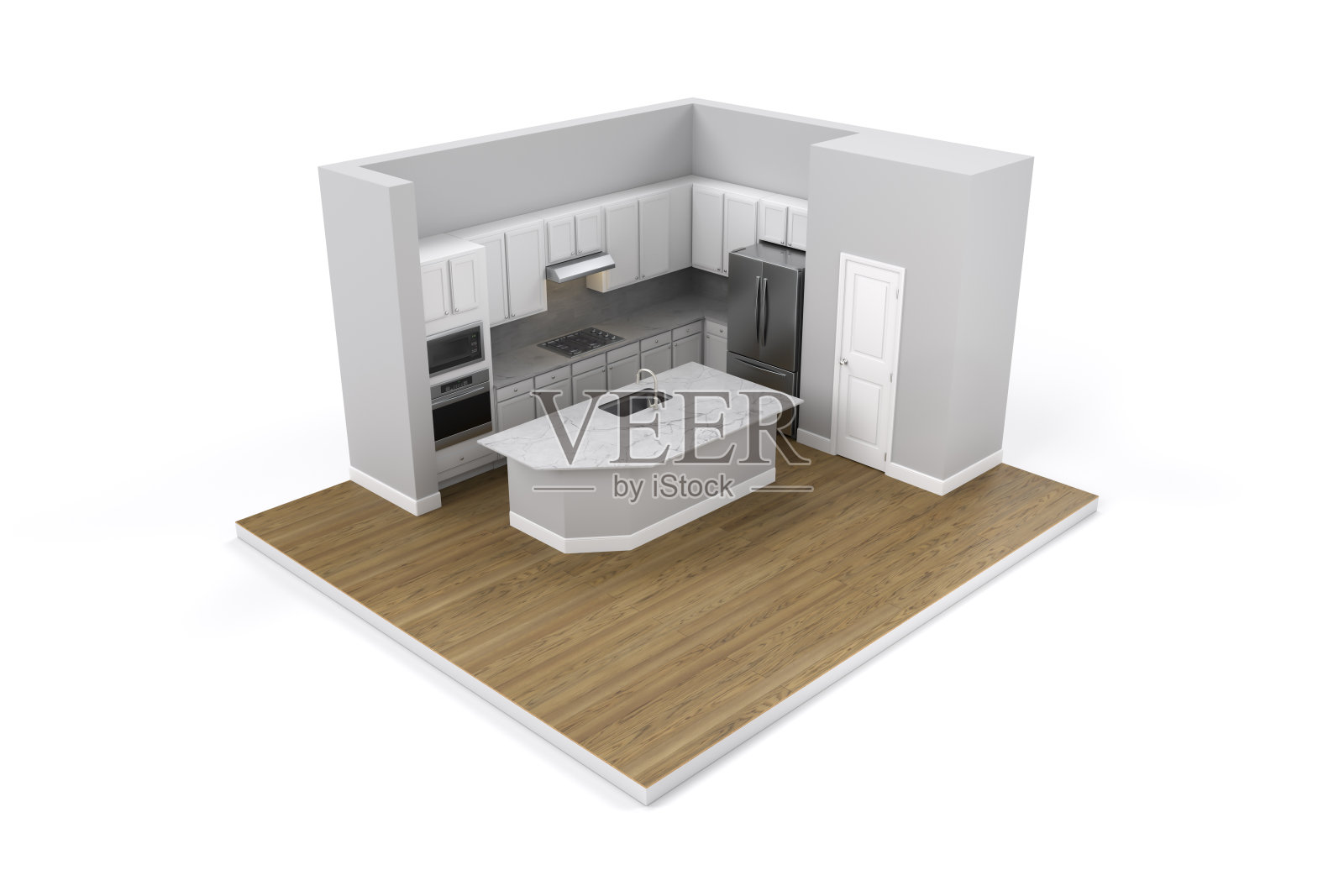 3D现代美国厨房孤立的白色背景照片摄影图片