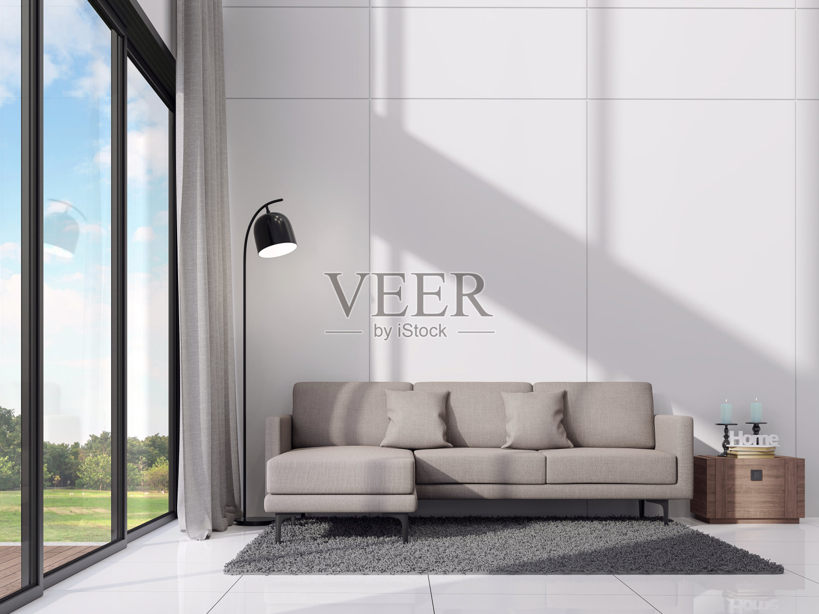 现代白色客厅与阳光在房间3d渲染照片摄影图片