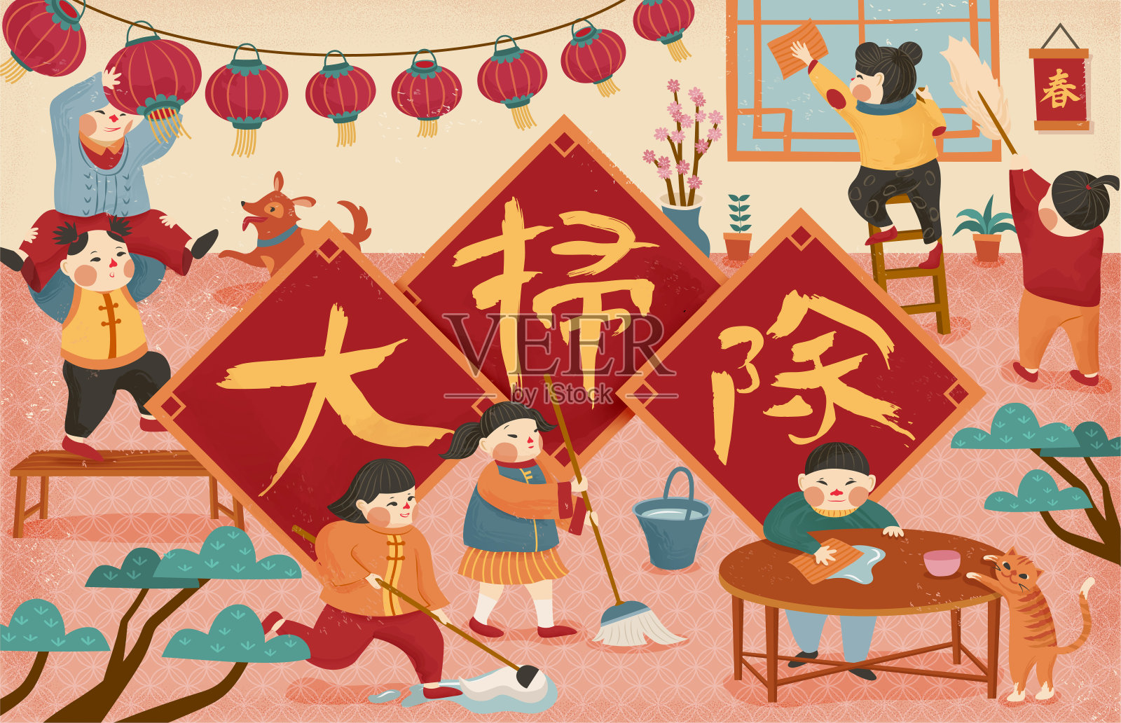 新年春节小年主题之家中大扫除做卫生插画图片-千库网
