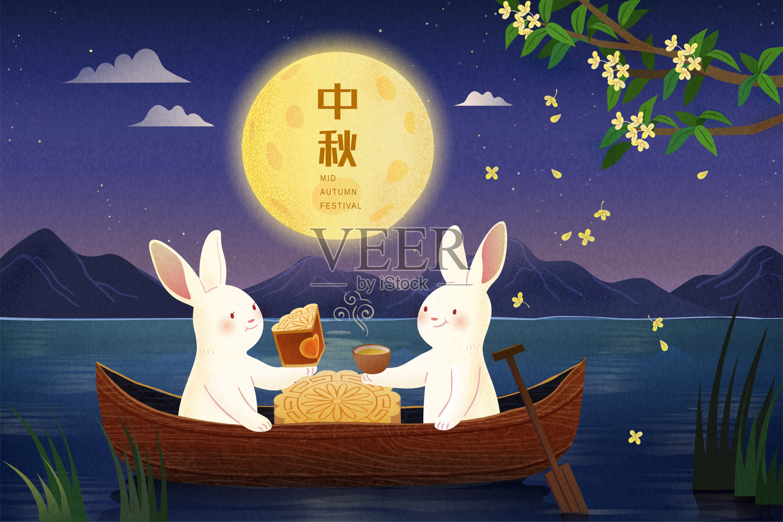 中秋湖中木舟上吃月饼的玉兔插图设计模板素材