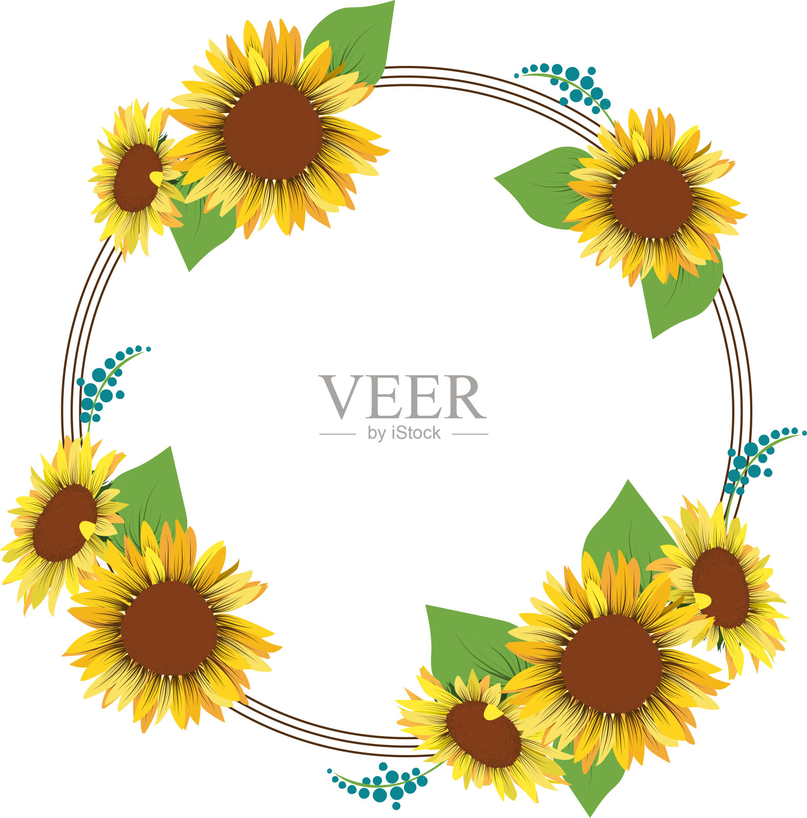 圆形边框与向日葵和叶子。设计元素图片