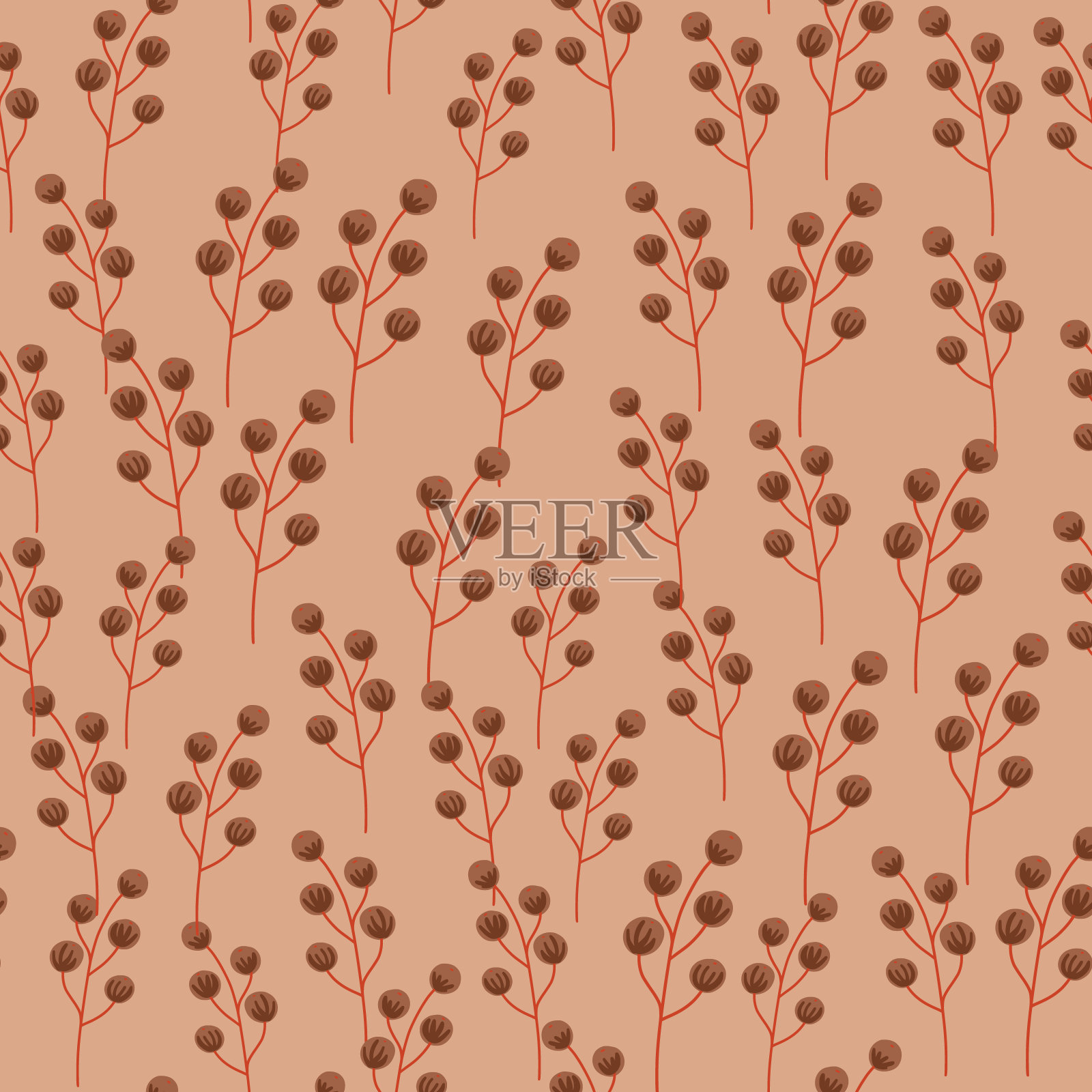 秋季色调无缝图案与抽象的棕色小浆果剪影。米色柔和的背景。插画图片素材