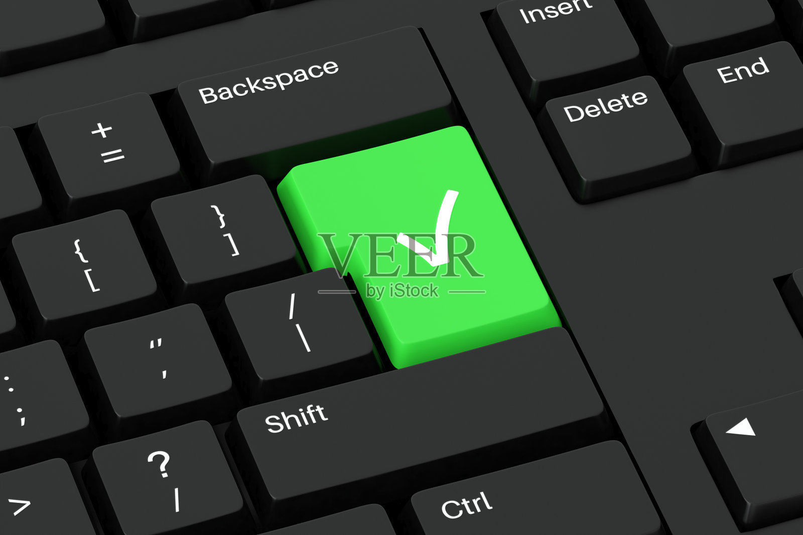 黑色键盘上的绿色滴答按钮。正常的PC键与绿色的复选标记按钮。3 d渲染图照片摄影图片