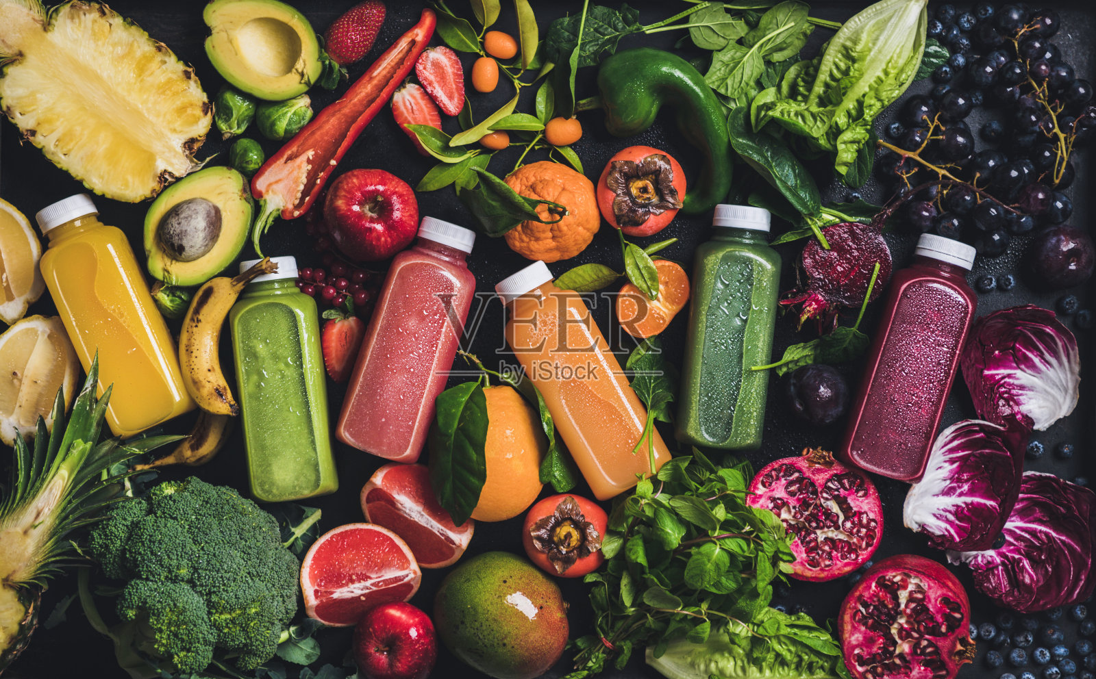 新鲜的天然彩色有机果汁，水果，蔬菜，浆果背景照片摄影图片